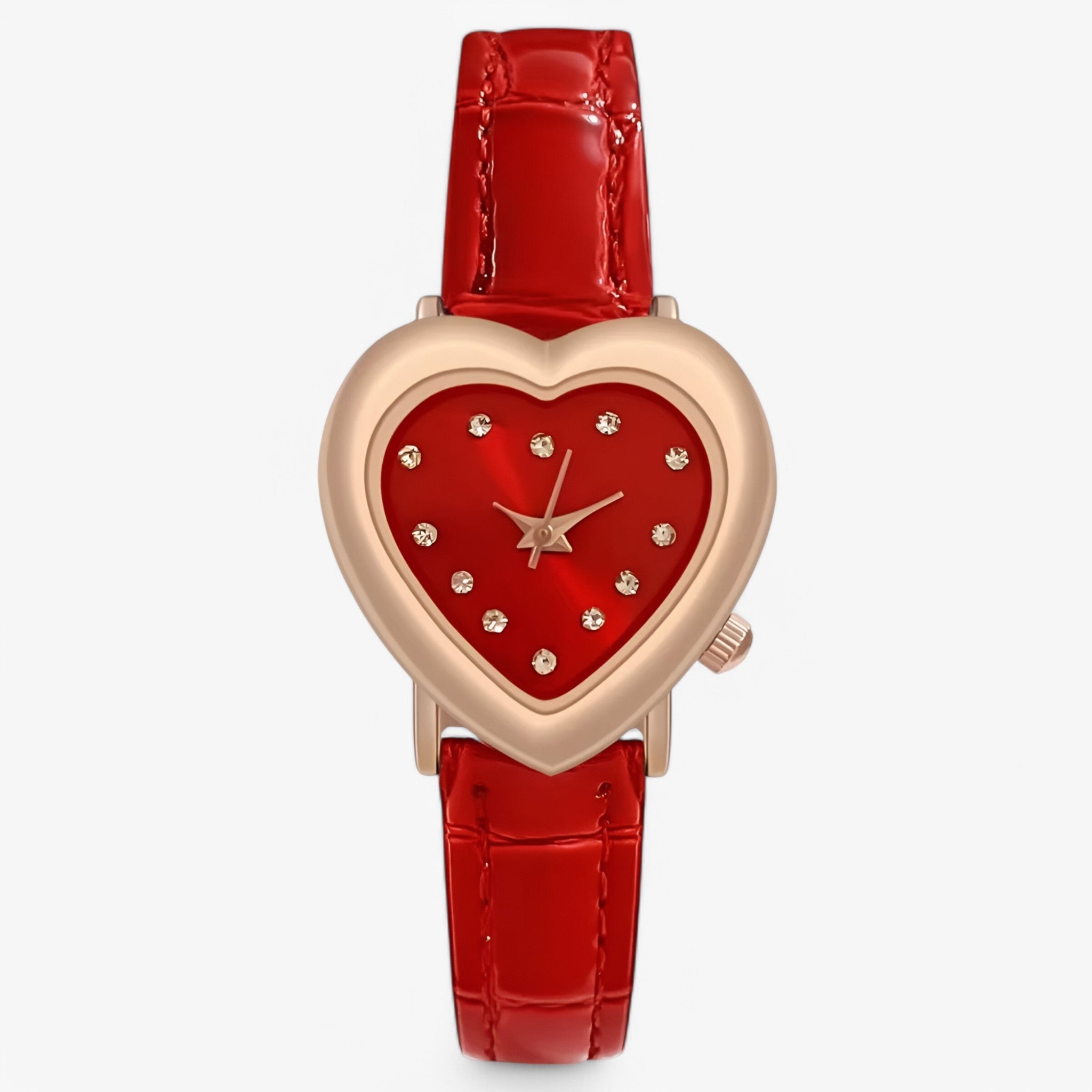 Kate | Elegant rosaguld dameur med hjerteformet urskive og læderrem - Rød - watches - {{ product_tags }
