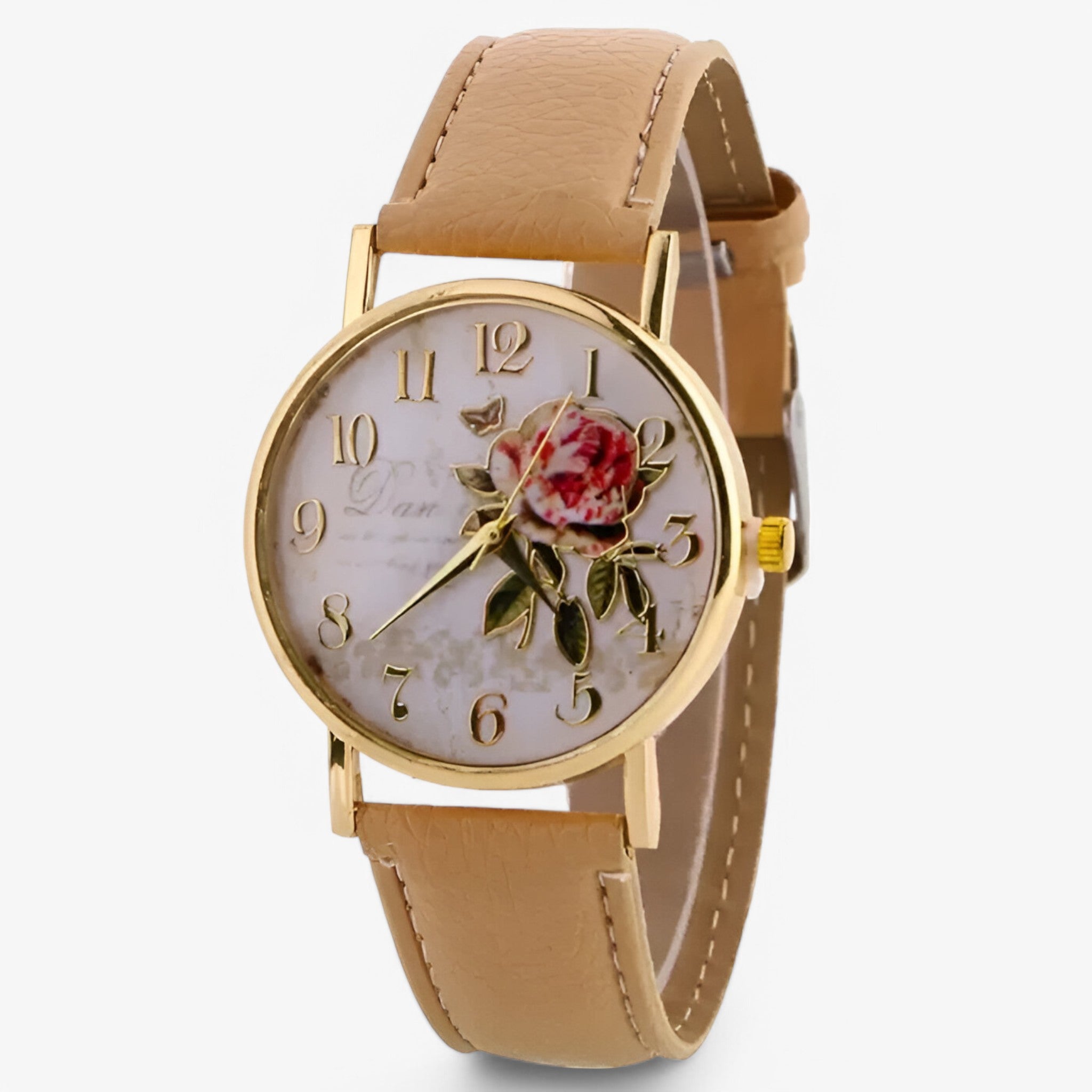 Lara | Elegant ur med pink blomst og imiteret læderrem - Beige - watches - {{ product_tags }