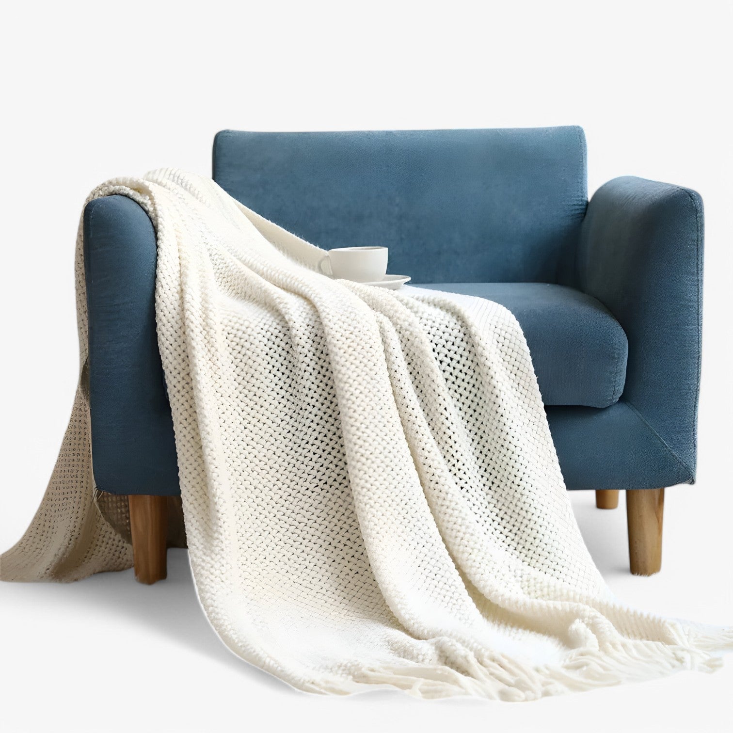 Chiara | Hyggeligt strikket plaid – blød, varm og stilfuld med frynser - Hvid - house & garden - {{ product_tags }