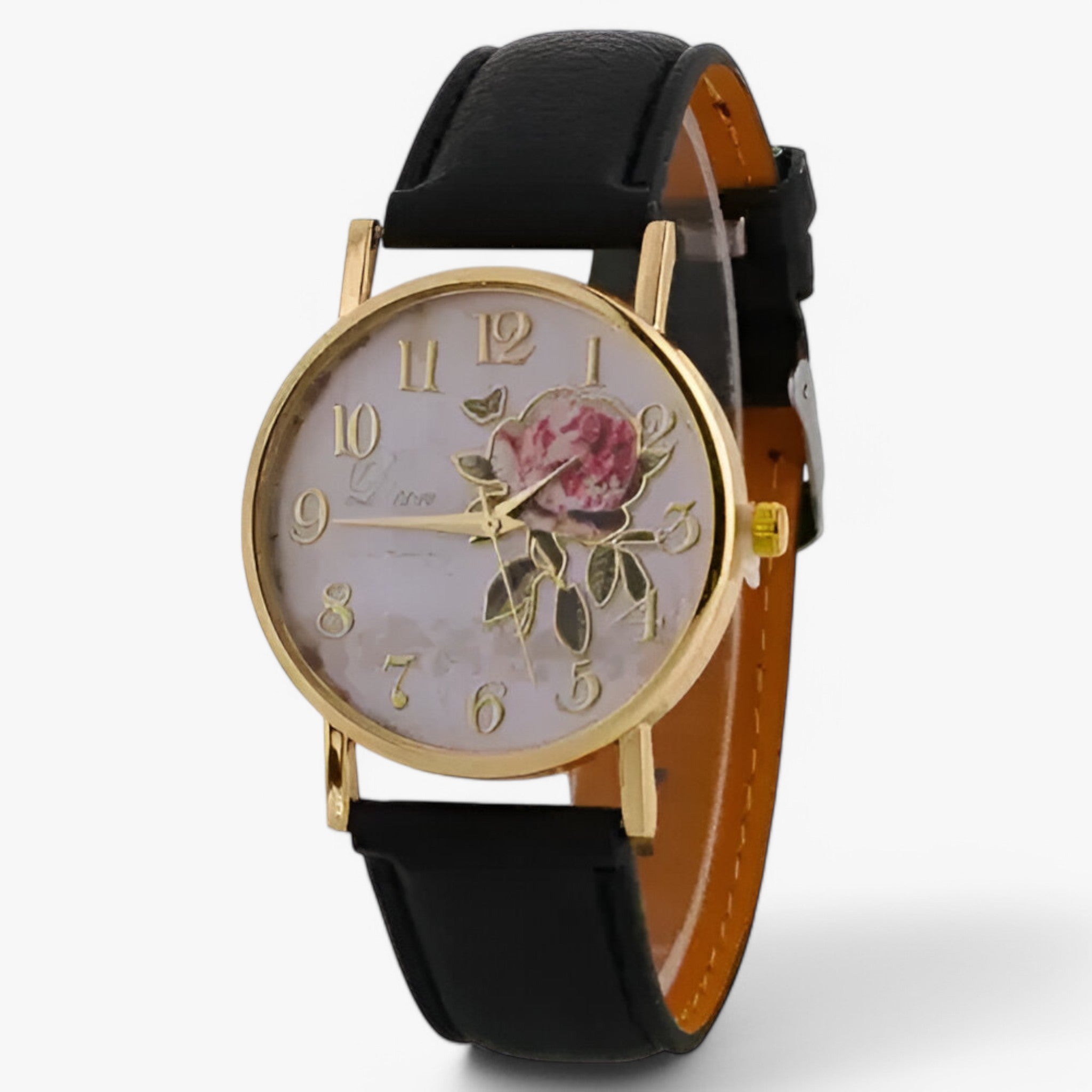 Lara | Elegant ur med pink blomst og imiteret læderrem - Sort - watches - {{ product_tags }