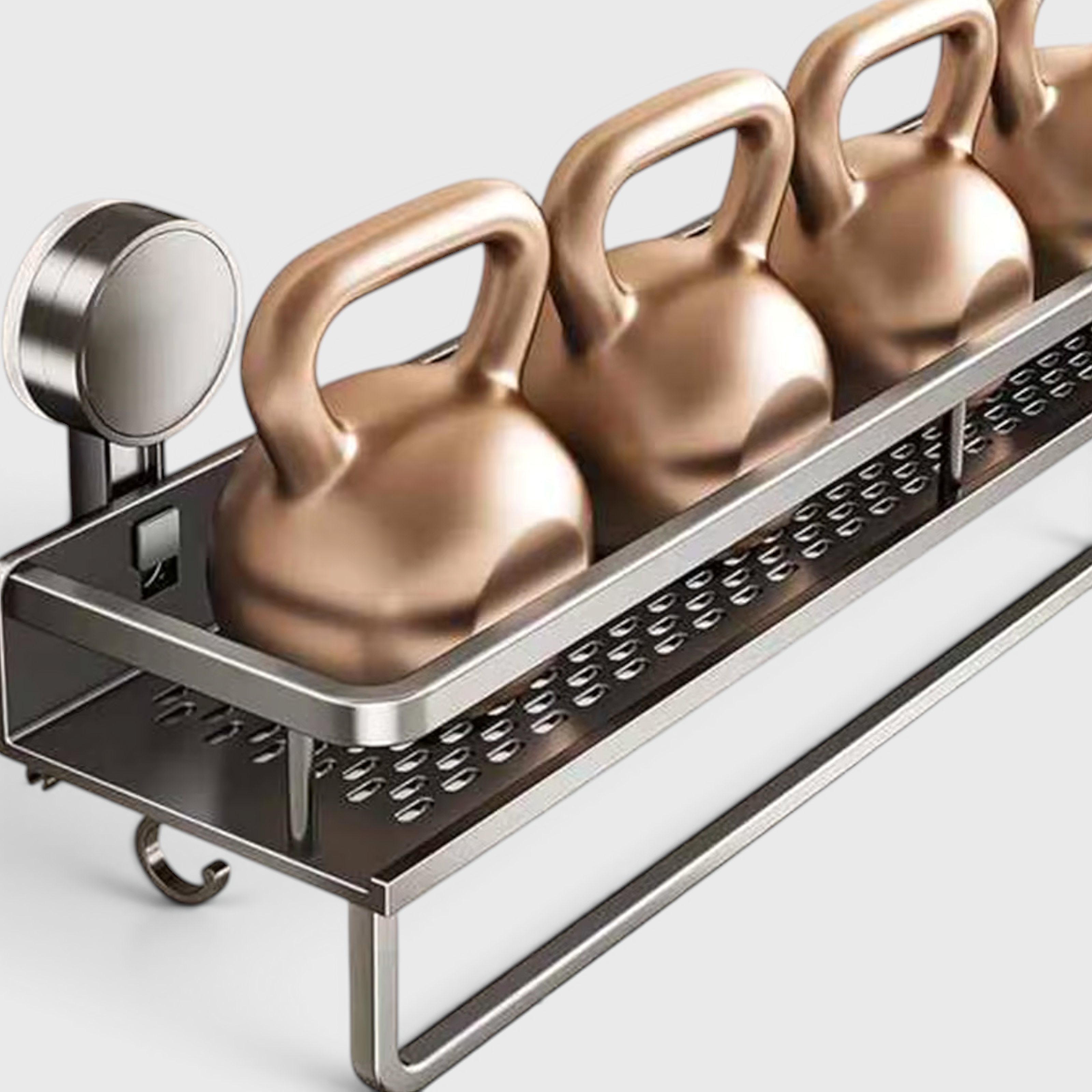 Badeværelseshylde i sølv aluminium med sugekopper og kroge