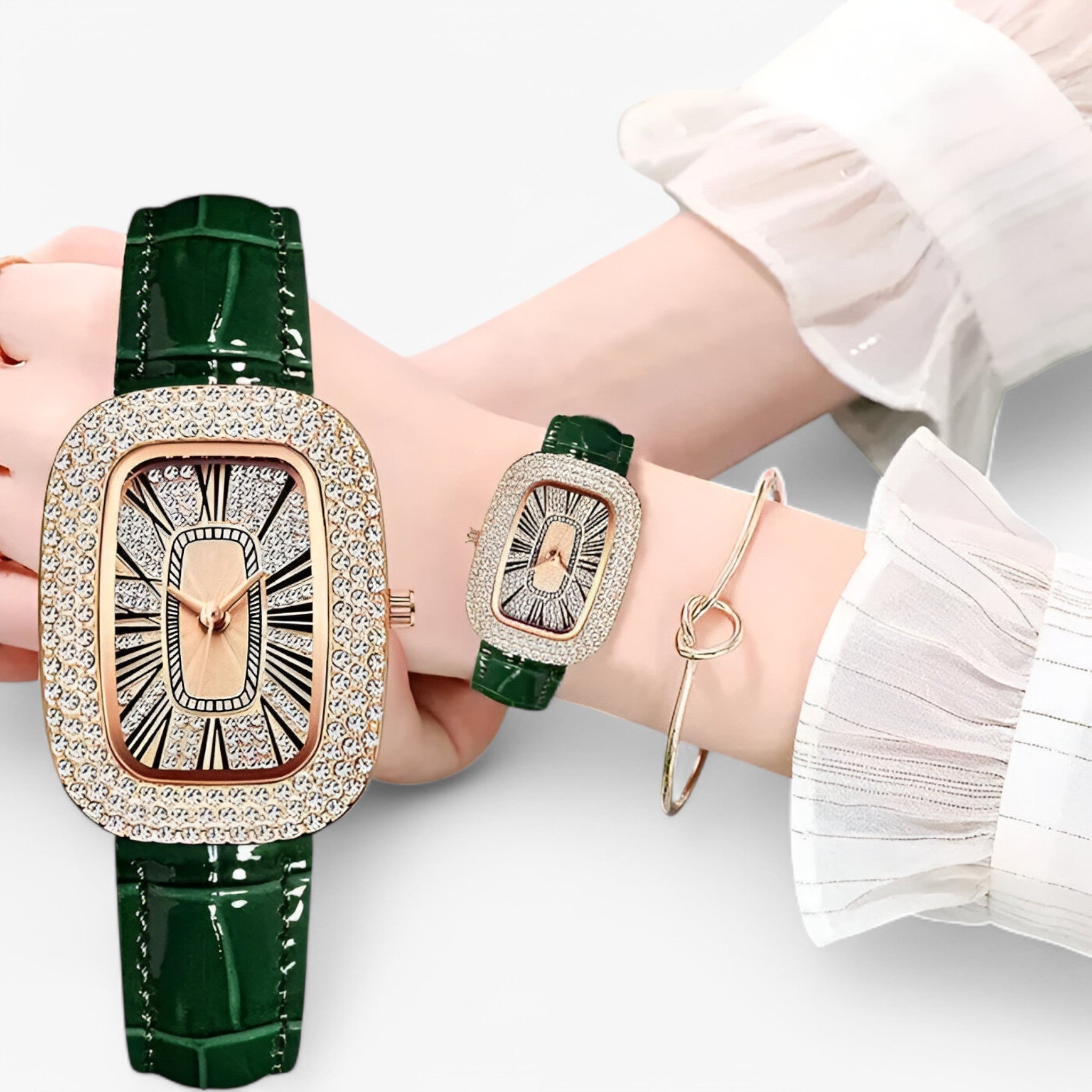 Renée | Elegant grønt læder dameur med dekorative nitter - - watches - {{ product_tags }