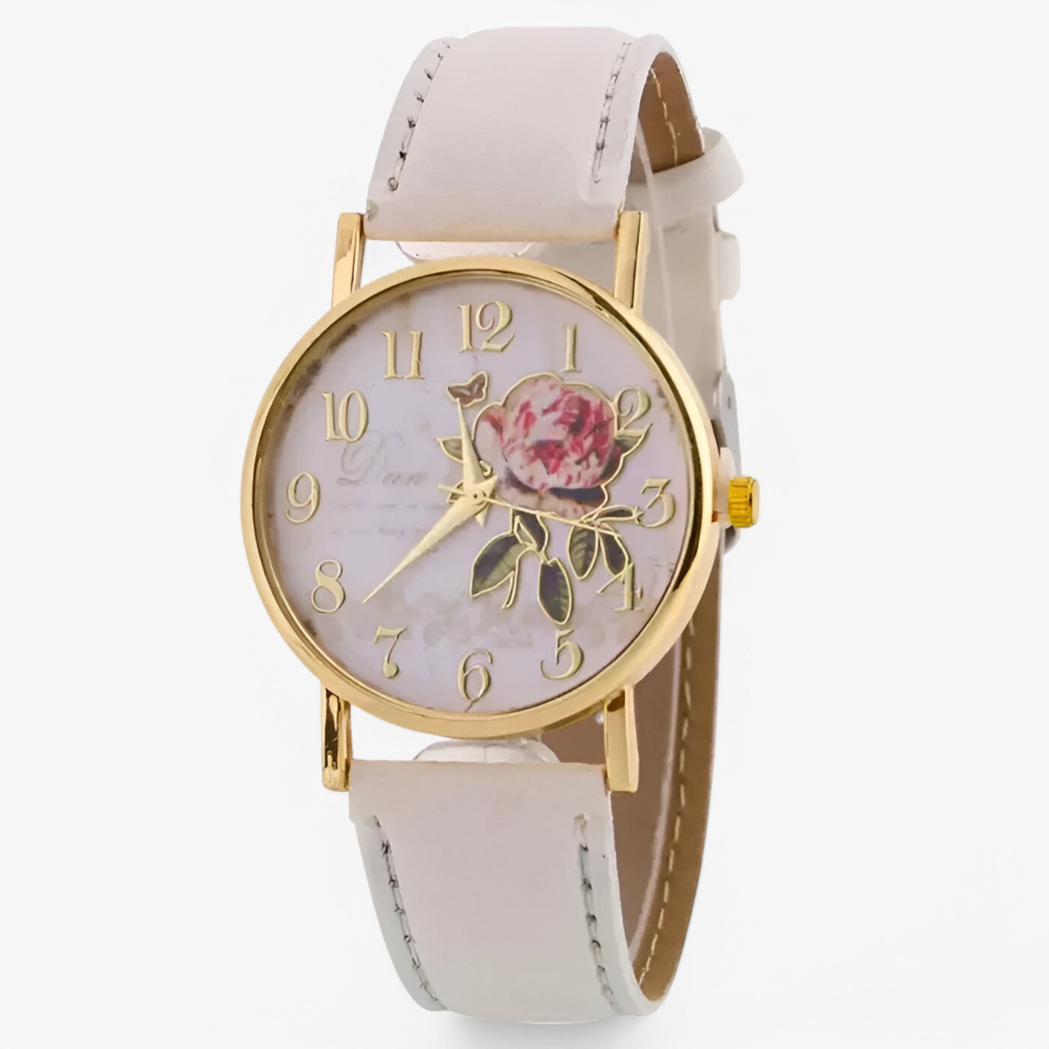 Lara | Elegant ur med pink blomst og imiteret læderrem - Hvid - watches - {{ product_tags }