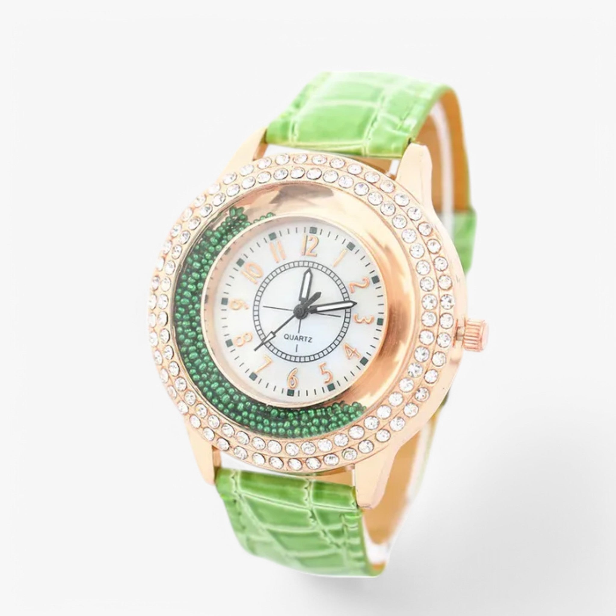 Oliven | Dameur lavet af PU læder med krystalsten og quartz urværk - grøn - watches - {{ product_tags }