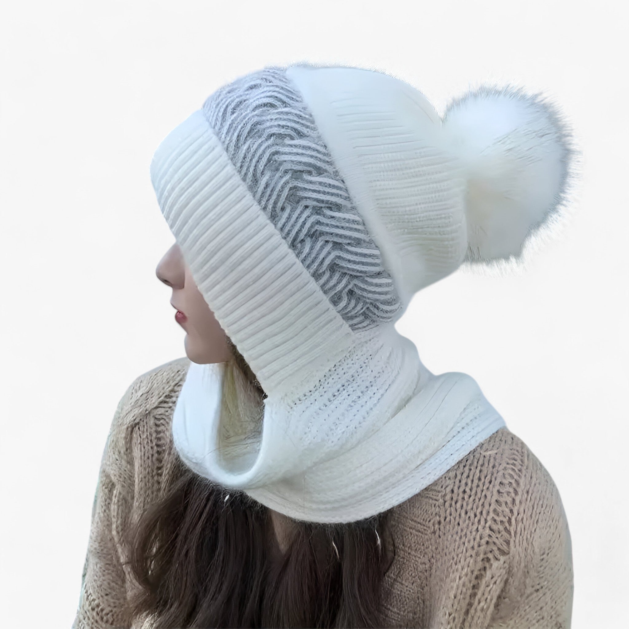 Sofie | Alt-i-en Strikket Vinterhue – Varm, Komfortabel og Vindafvisende - hvid - winter - {{ product_tags }
