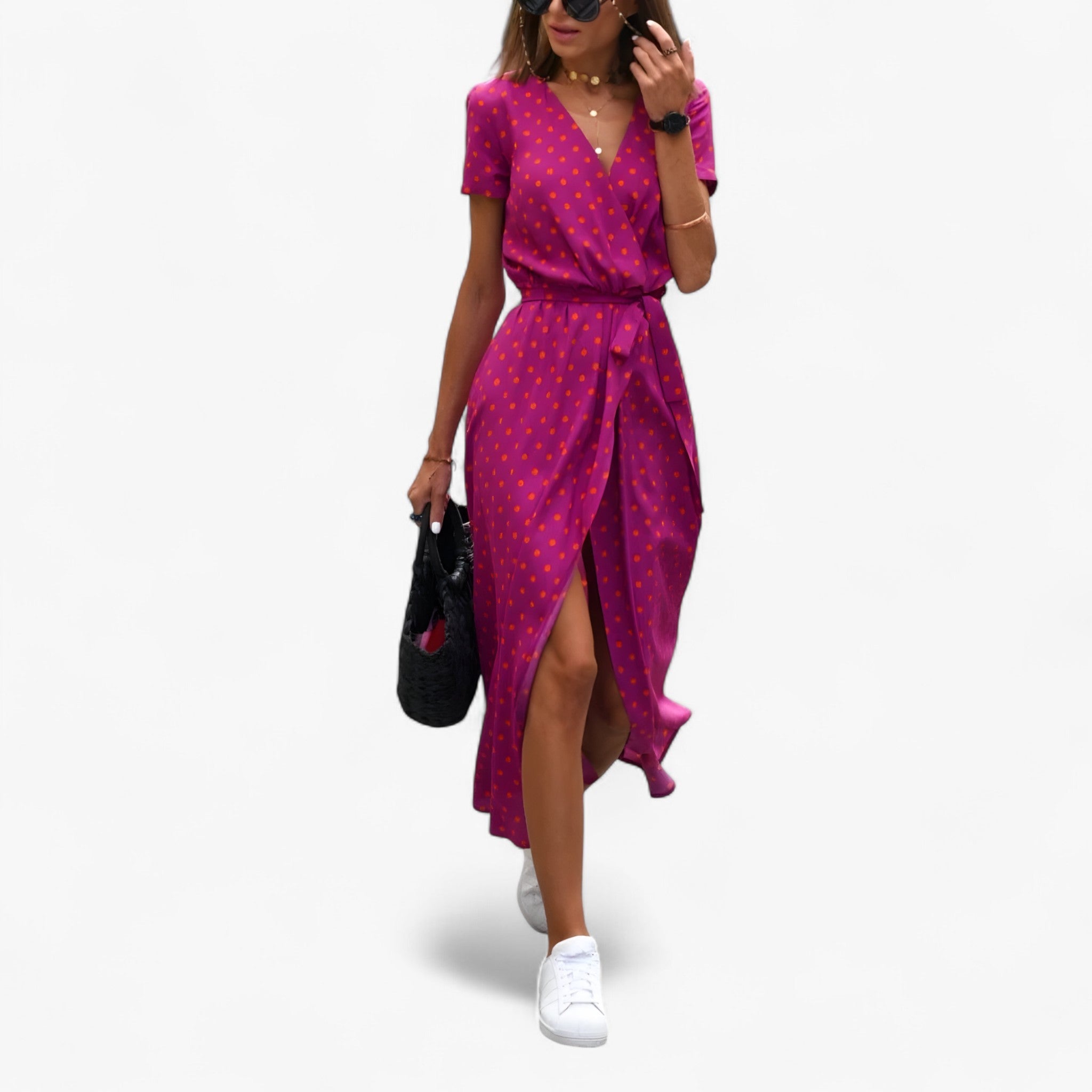 Nery - Elegant kjole med V-udskæring - Rosa rød - women's fashion - {{ product_tags }