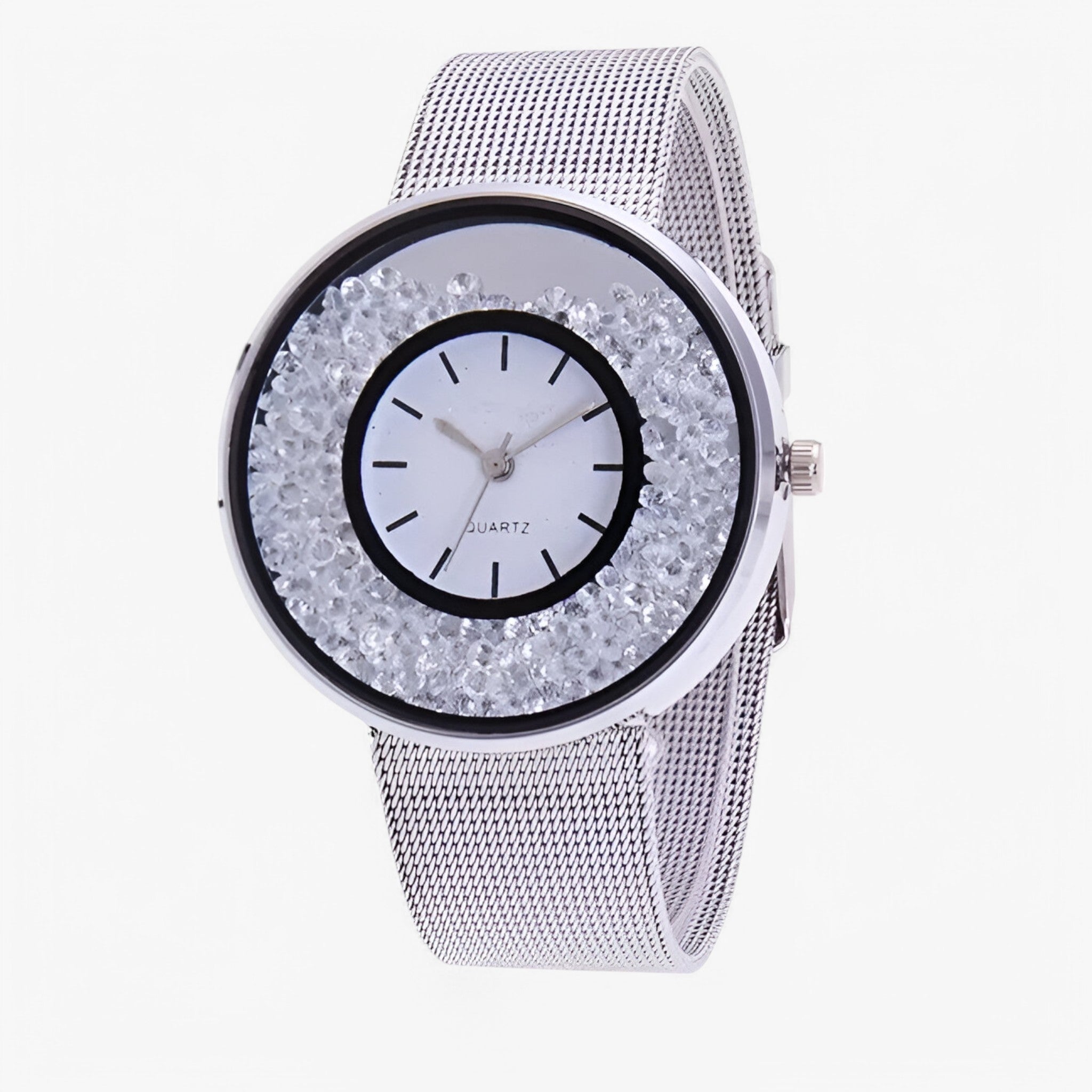Amber | Dameur med guldfarvet mesh-rem og glitrende urskive med strass - sølv - watches - {{ product_tags }