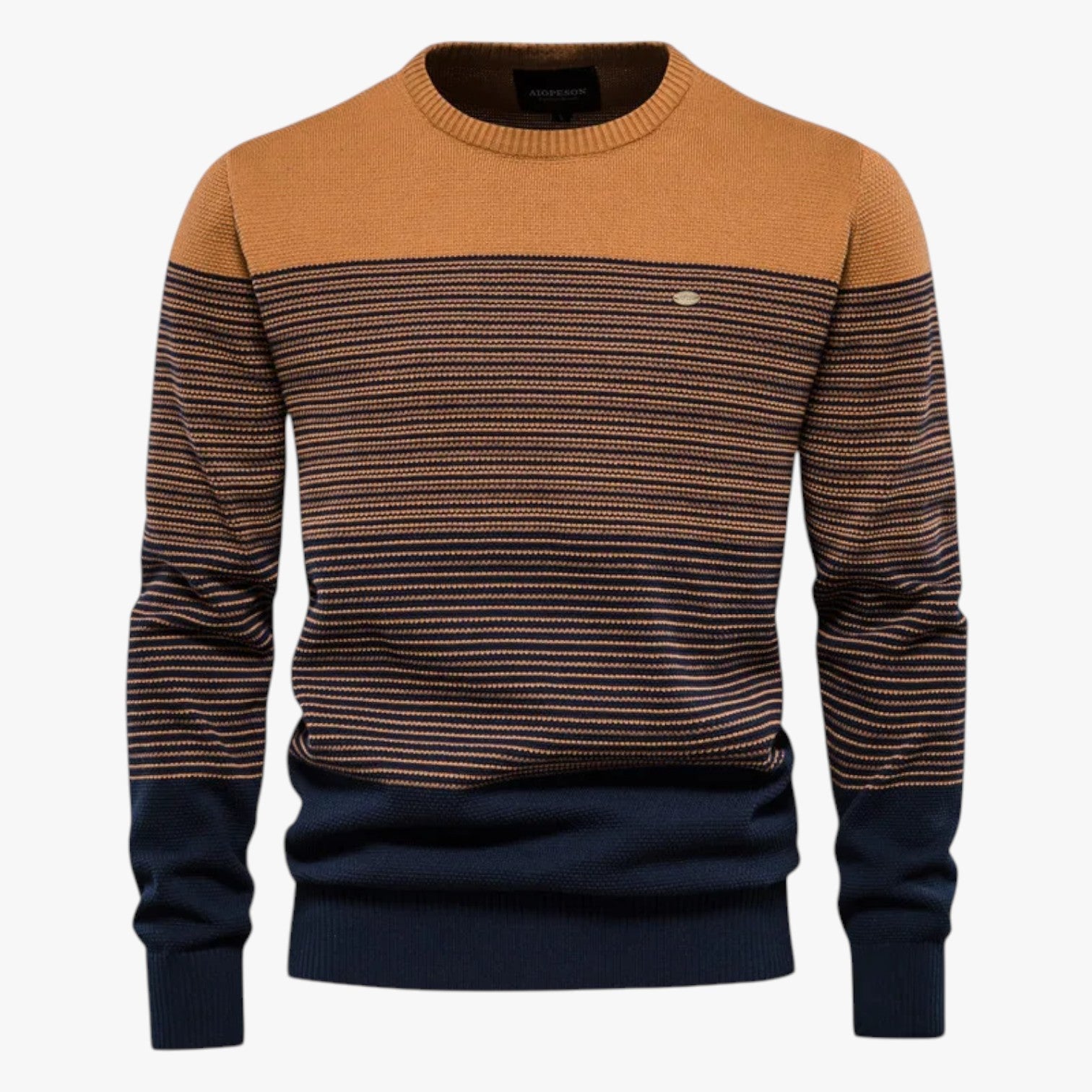 Eugene | Stribet rundhalsstrik til mænd - Slim pasform og kvalitetsvarme - Orange - Eugene | Stribet rundhalsstrik til mænd - Slim pasform og kvalitetsvarme - €25 - {{ product_tags }