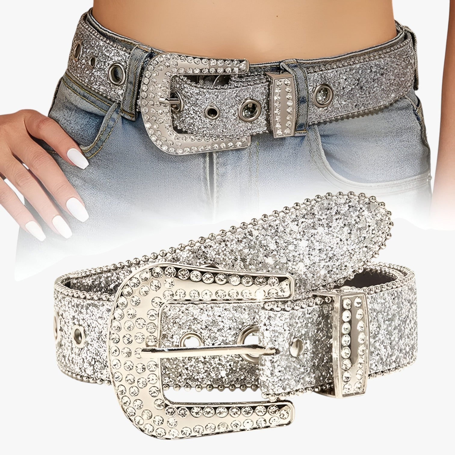 Olivia | Trendy glitrende læderbælte med nitter - - women's fashion - {{ product_tags }