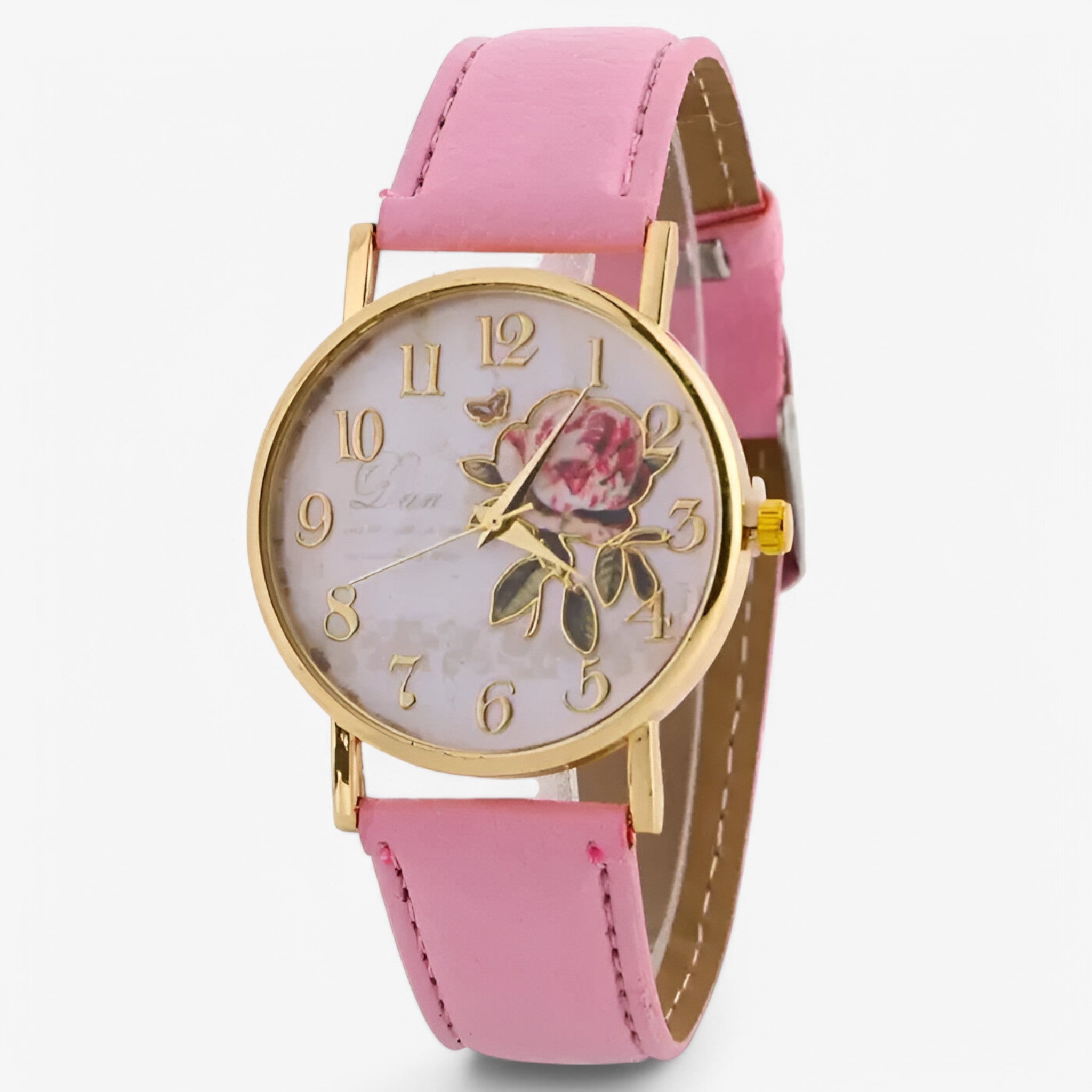 Lara | Elegant ur med pink blomst og imiteret læderrem - - watches - {{ product_tags }
