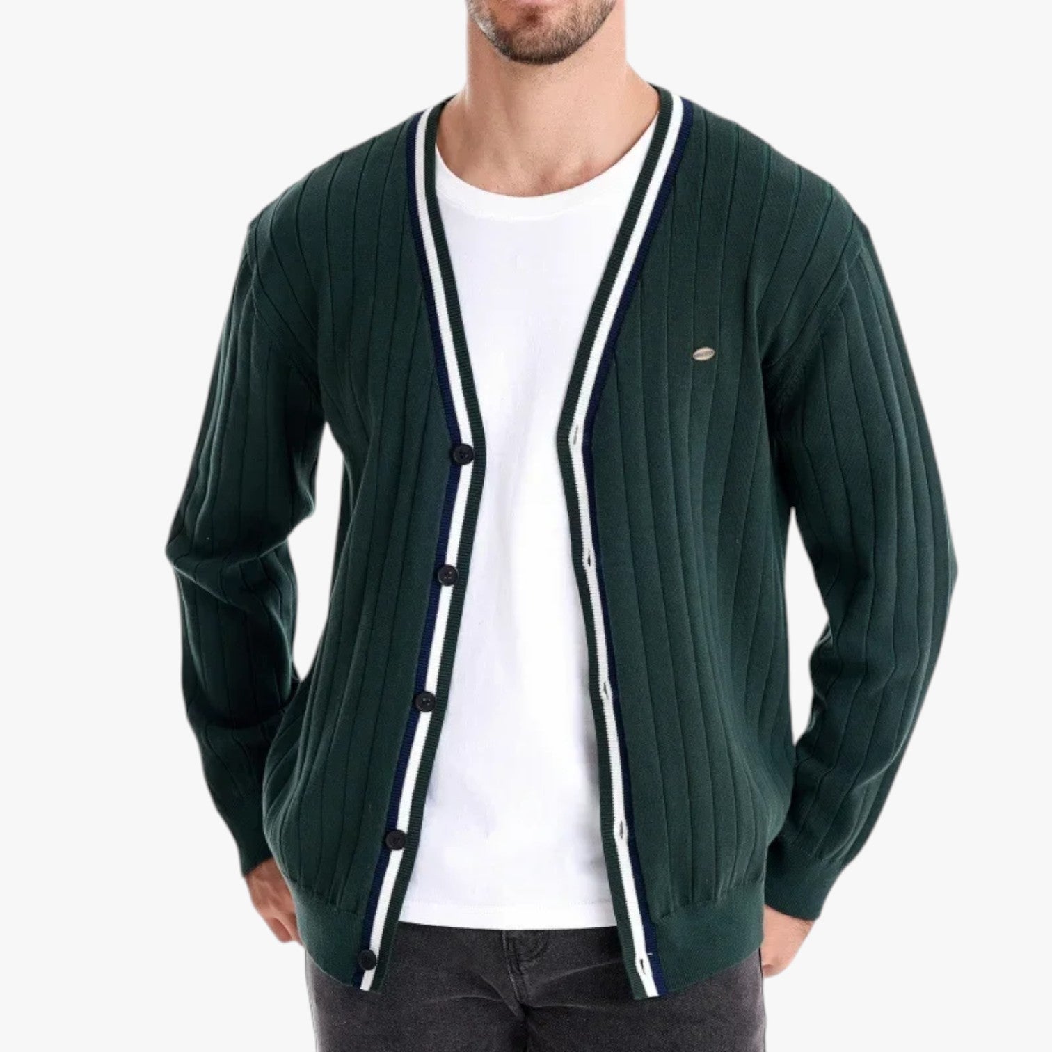 Jeremy | Mandens langærmet cardigan i uld med V-udskæring, varm farvet blok til efterår/vinter - - Jeremy | Mandens langærmet cardigan i uld med V-udskæring, varm farvet blok til efterår/vinter - €25 - {{ product_tags }