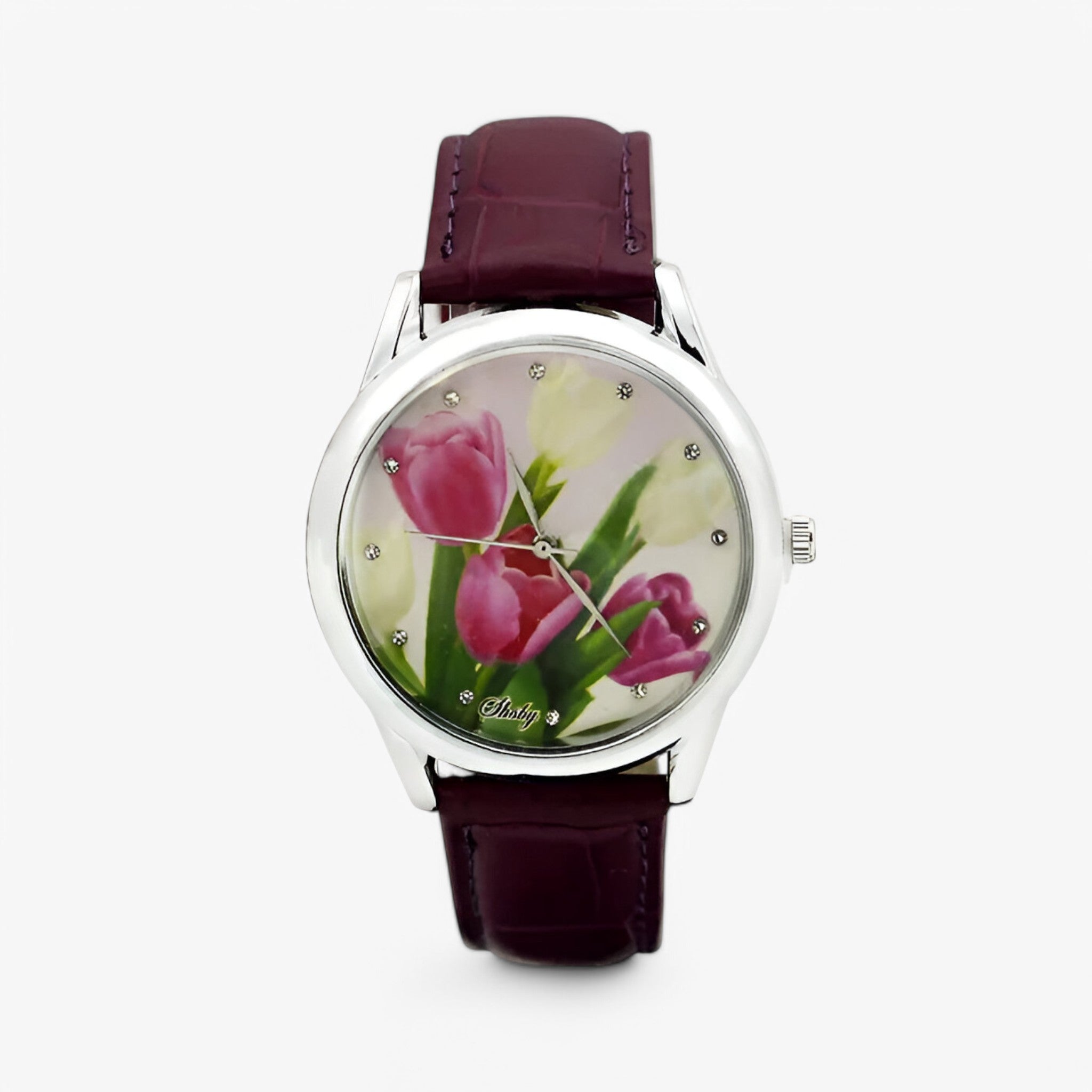Kaia | Dameur med læderrem og elegant blomster urskive - mørk lilla - Kaia | Dameur med læderrem og elegant blomster urskive- €25 - {{ product_tags }