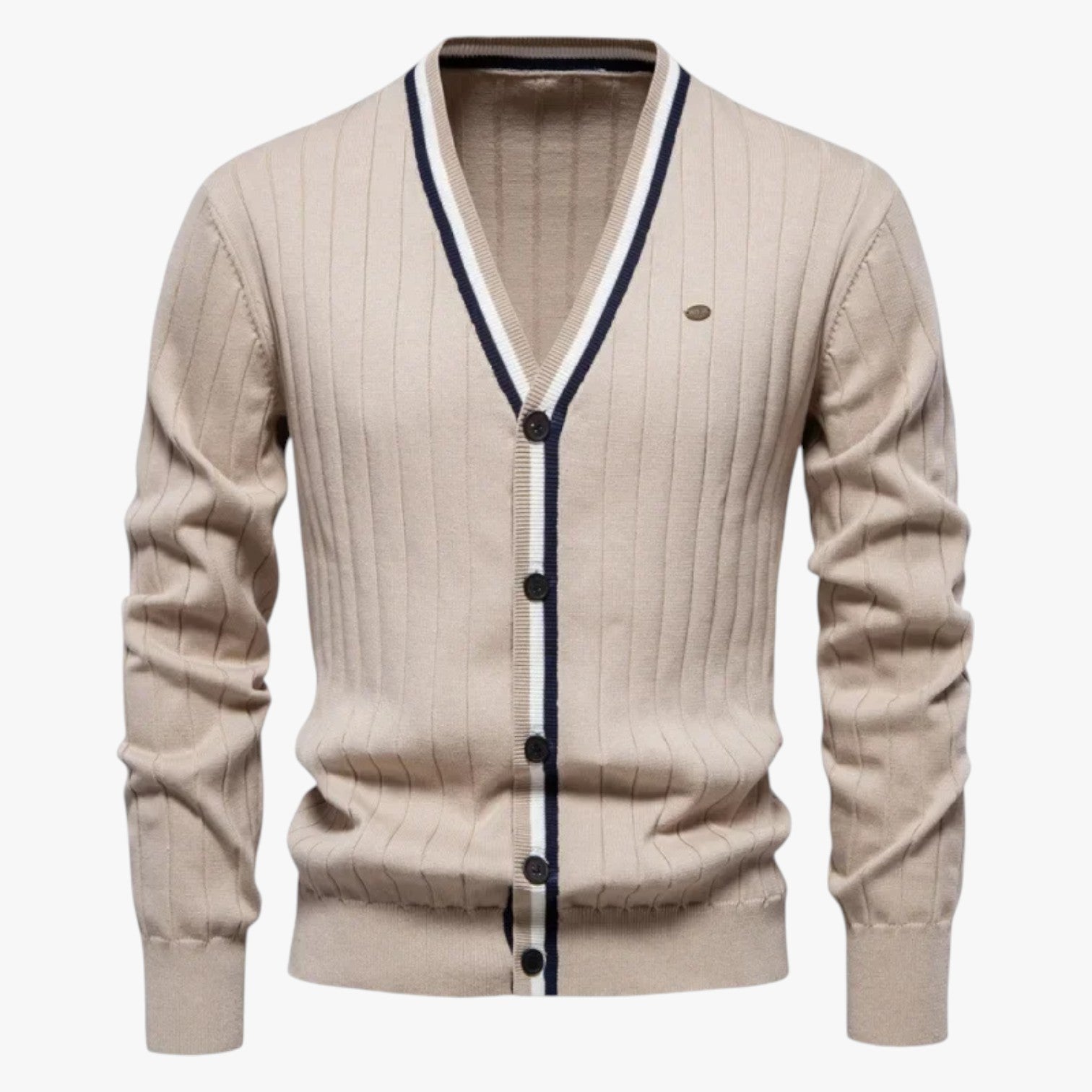 Jeremy | Mandens langærmet cardigan i uld med V-udskæring, varm farvet blok til efterår/vinter - Abrikos - Jeremy | Mandens langærmet cardigan i uld med V-udskæring, varm farvet blok til efterår/vinter - €25 - {{ product_tags }