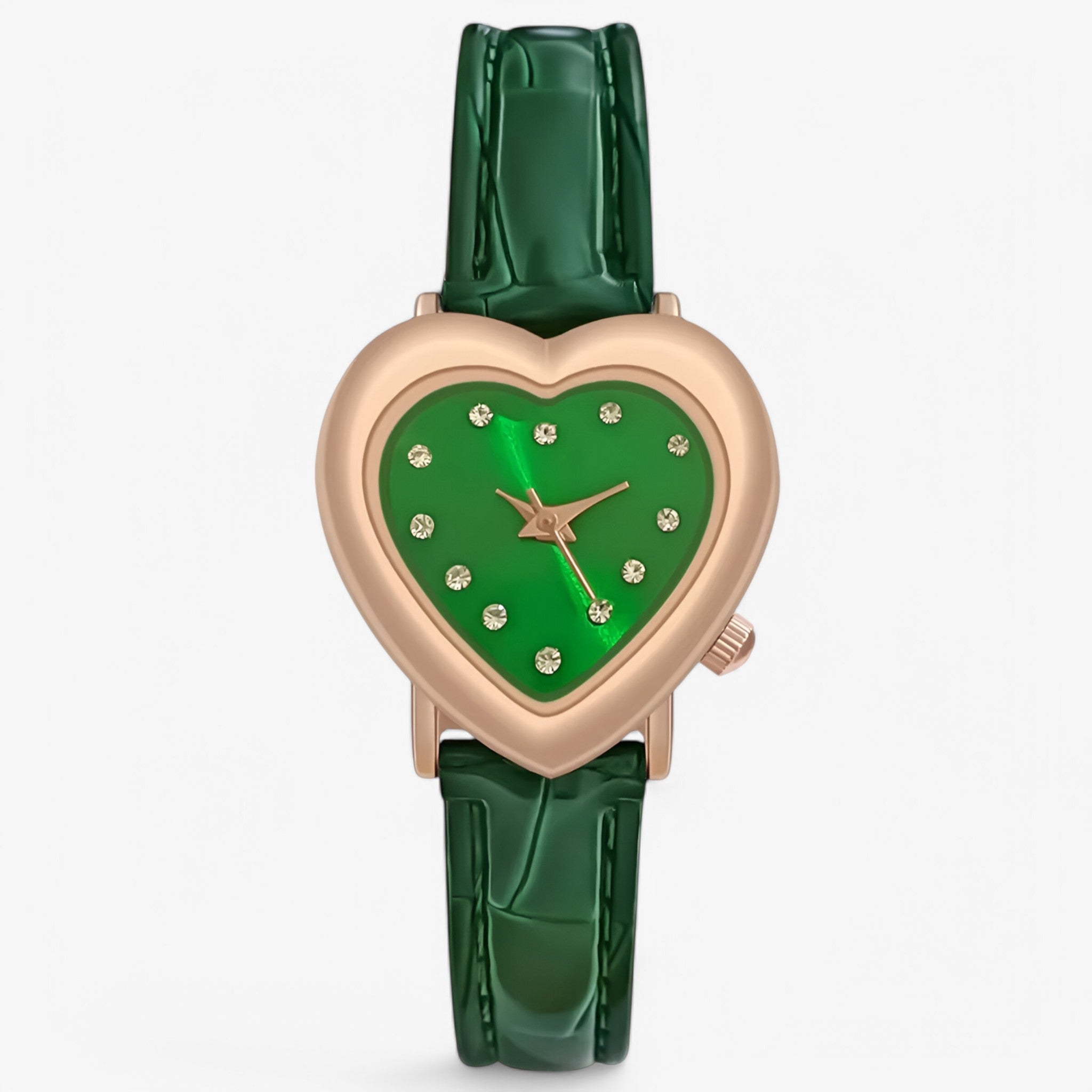 Kate | Elegant rosaguld dameur med hjerteformet urskive og læderrem - grøn - watches - {{ product_tags }