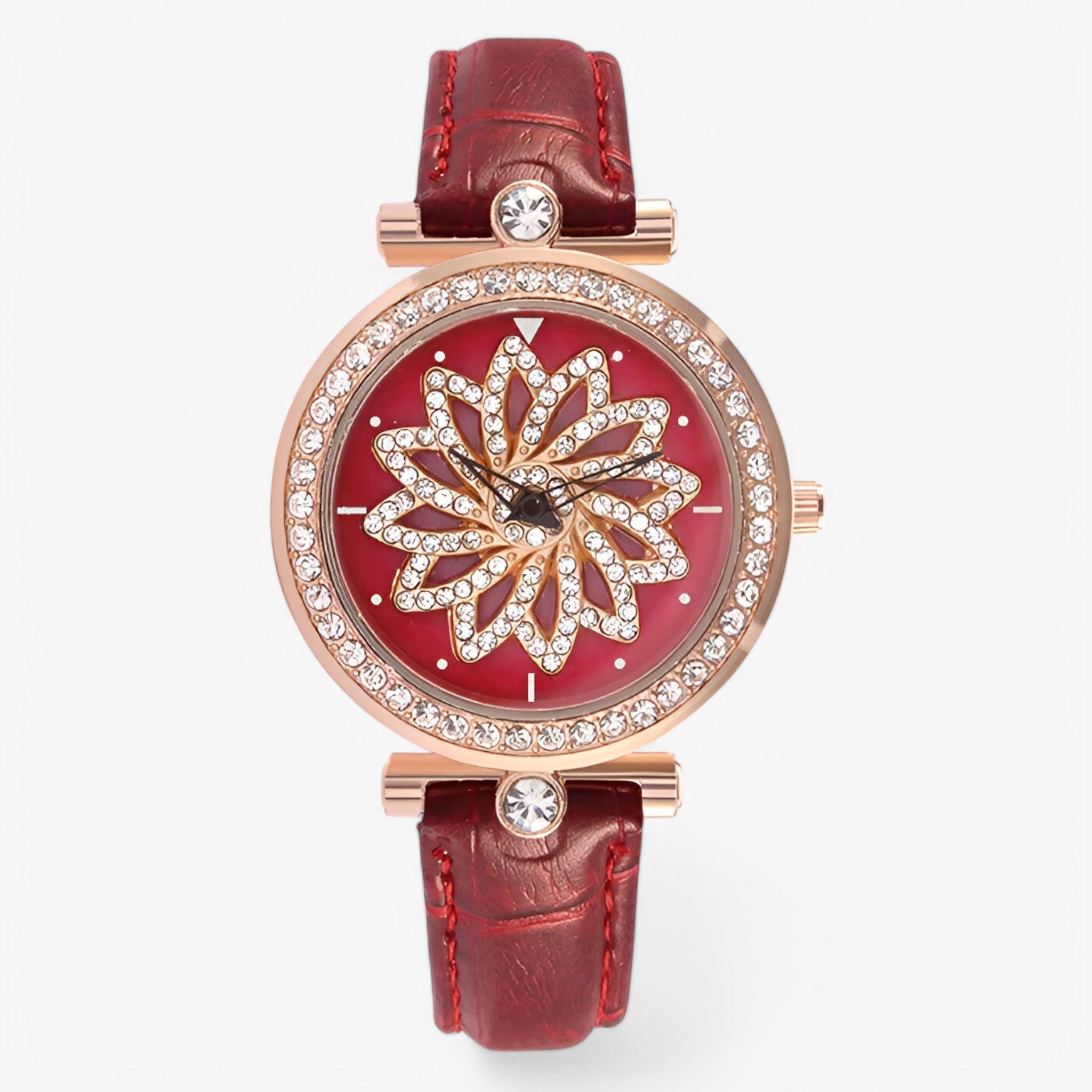 Brenda | Dameur med roterende blomster urskive og elegant mesh-rem - Rød - watches - {{ product_tags }