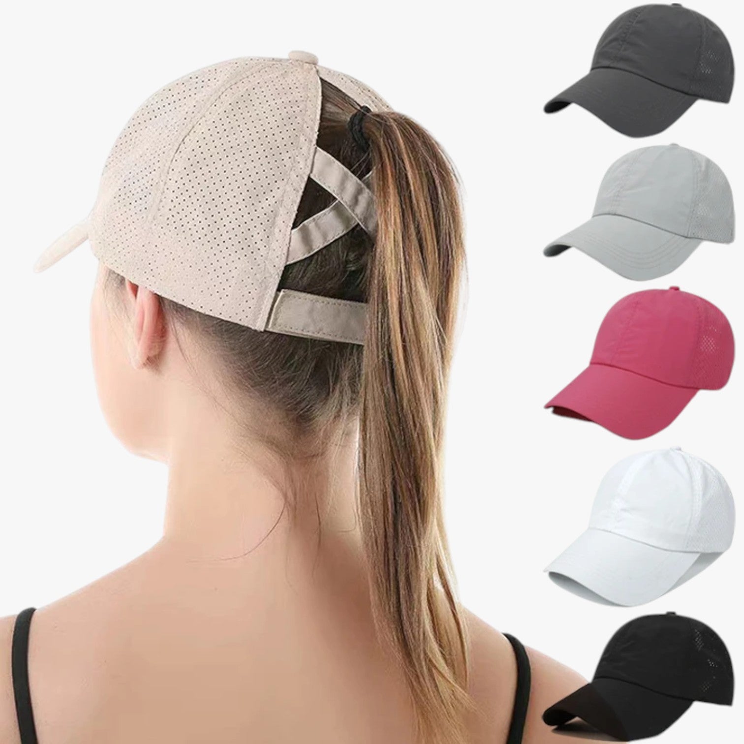 Aliyah | Sportscappe til sommer med hestehale og åndbart netmateriale - - Aliyah | Sportscappe til sommer med hestehale og åndbart netmateriale - €25 - {{ product_tags }