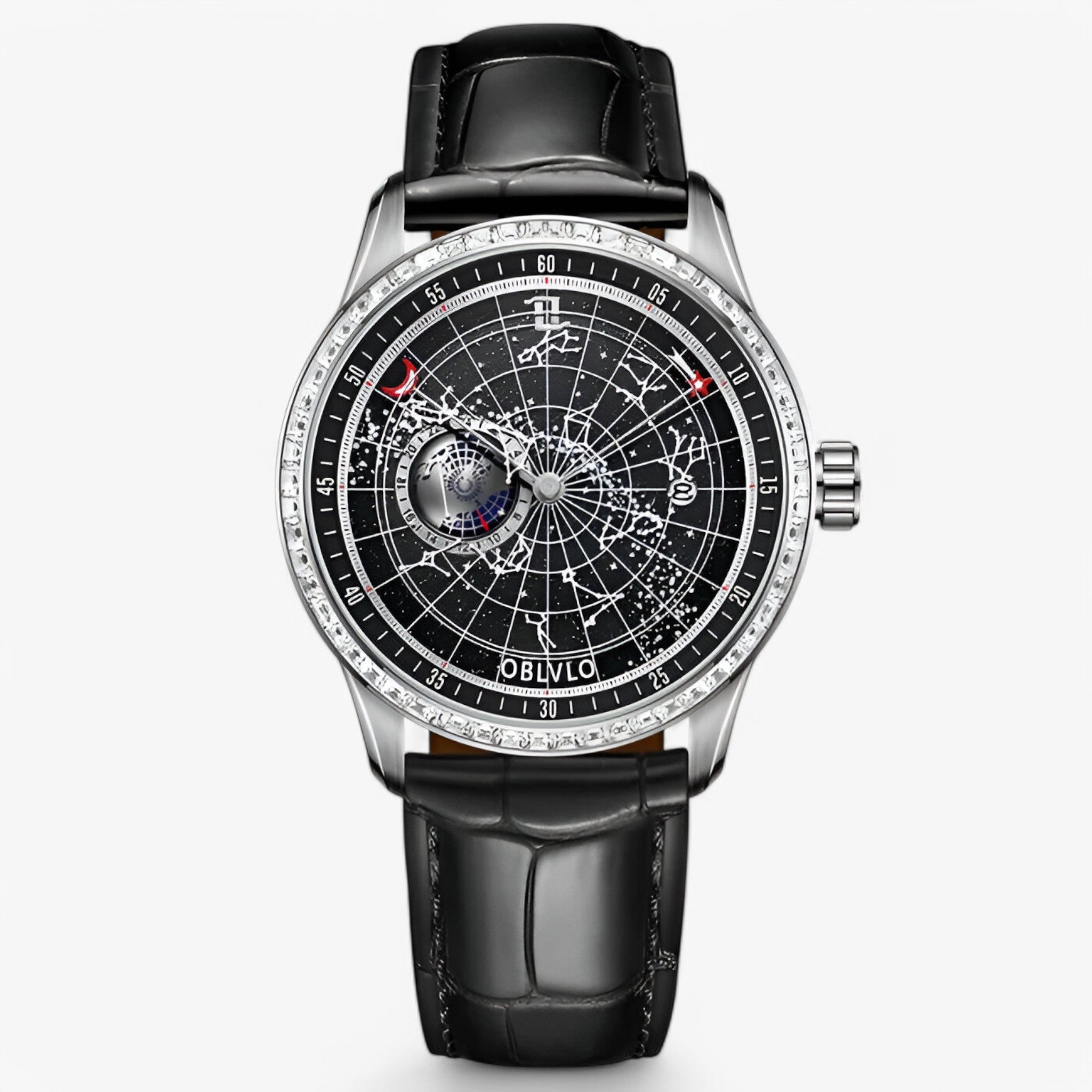 Apollo | Luksus mekanisk ur med læderrem - sort sølv - watches - {{ product_tags }