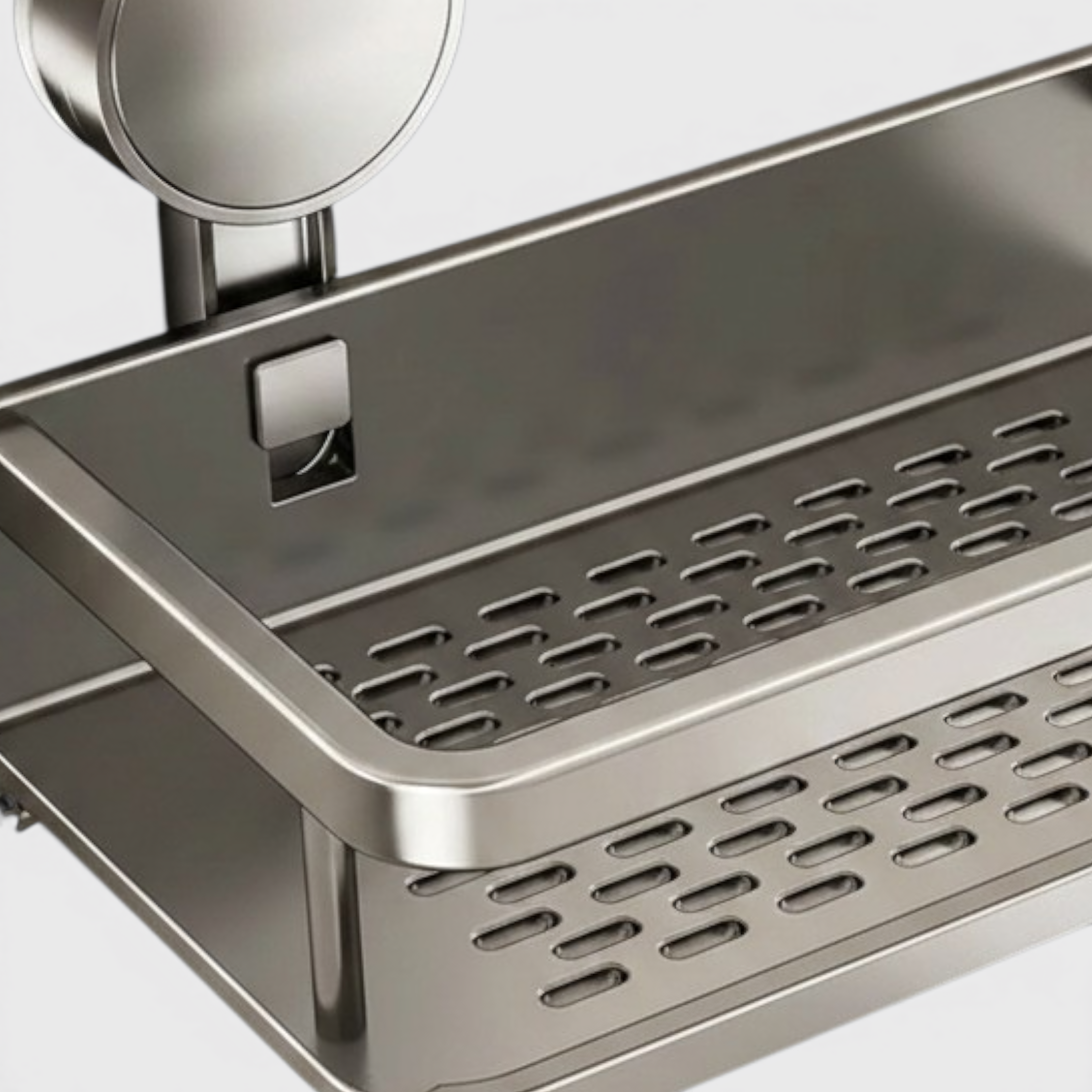 Badeværelseshylde i sølv aluminium med sugekopper og kroge