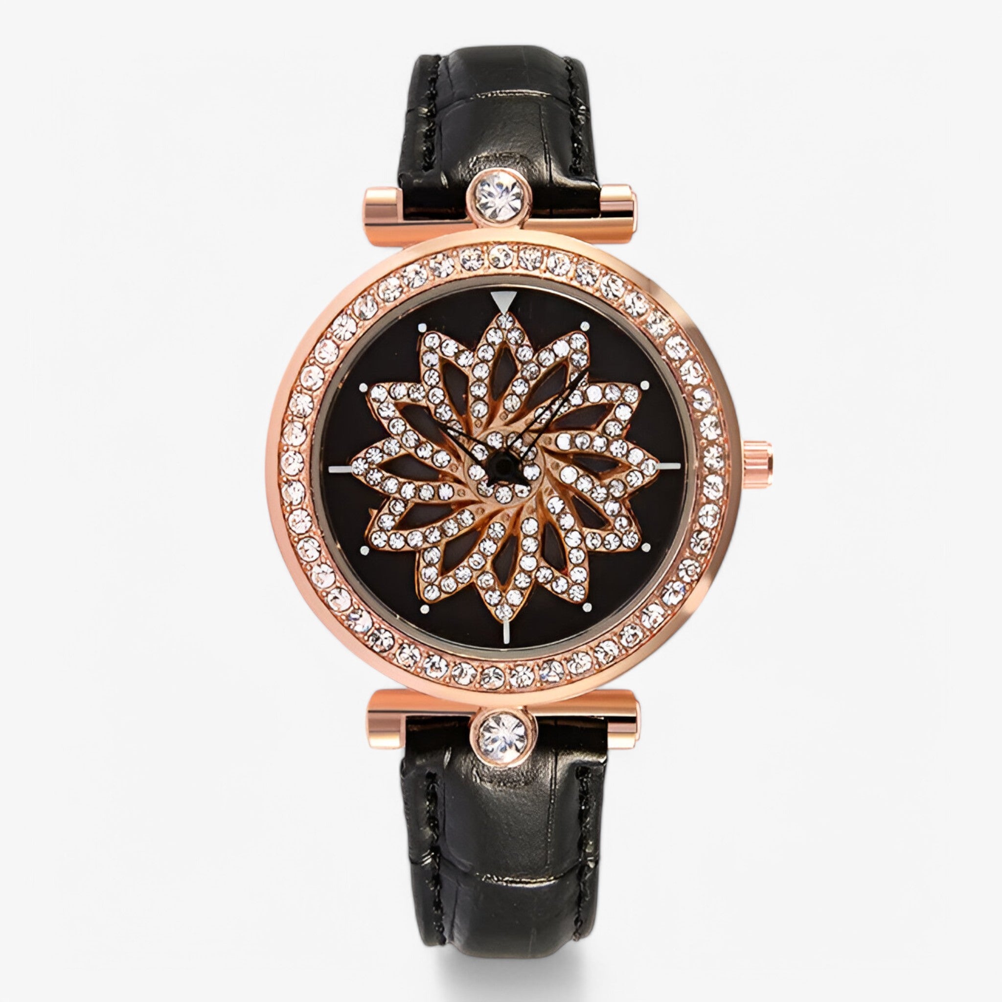 Brenda | Dameur med roterende blomster urskive og elegant mesh-rem - Sort - watches - {{ product_tags }