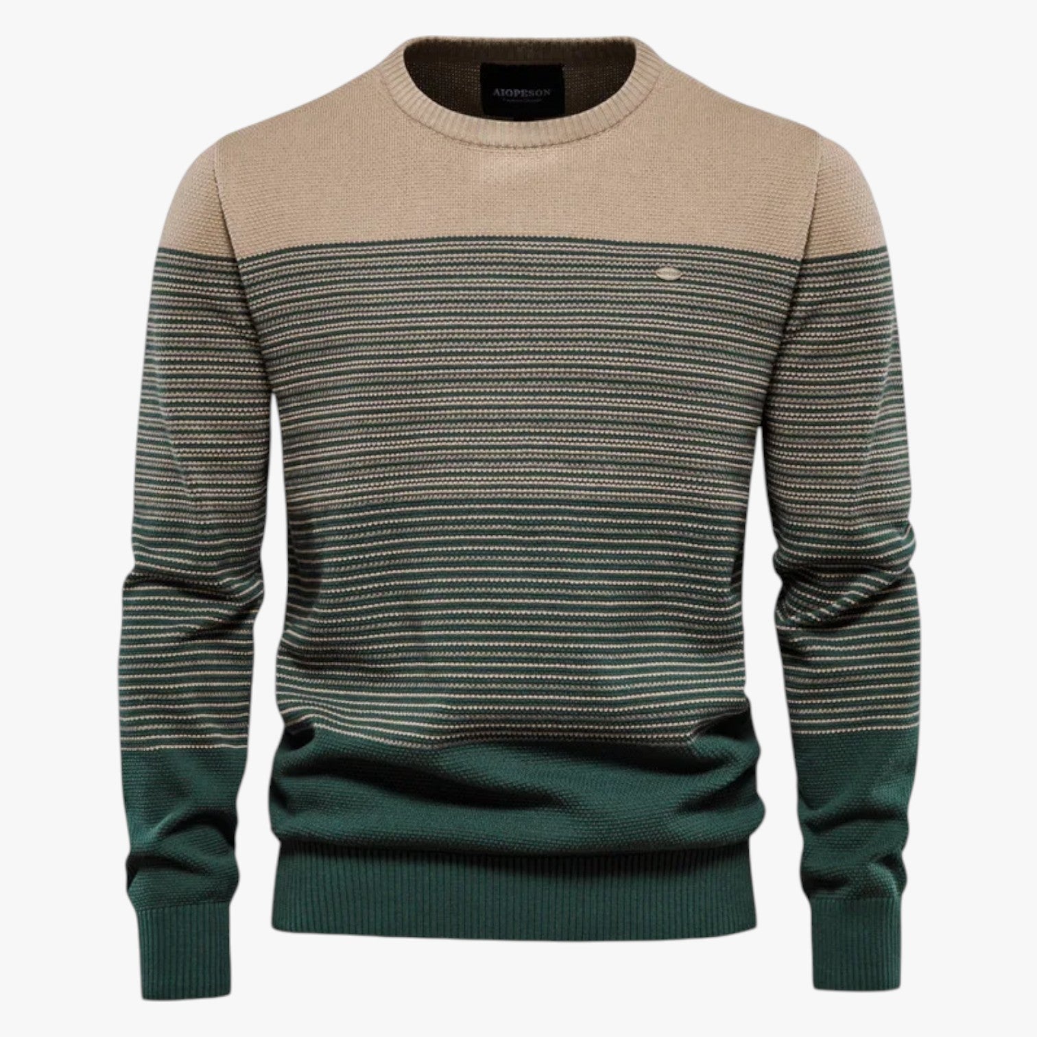Eugene | Stribet rundhalsstrik til mænd - Slim pasform og kvalitetsvarme - Khaki - Eugene | Stribet rundhalsstrik til mænd - Slim pasform og kvalitetsvarme - €25 - {{ product_tags }