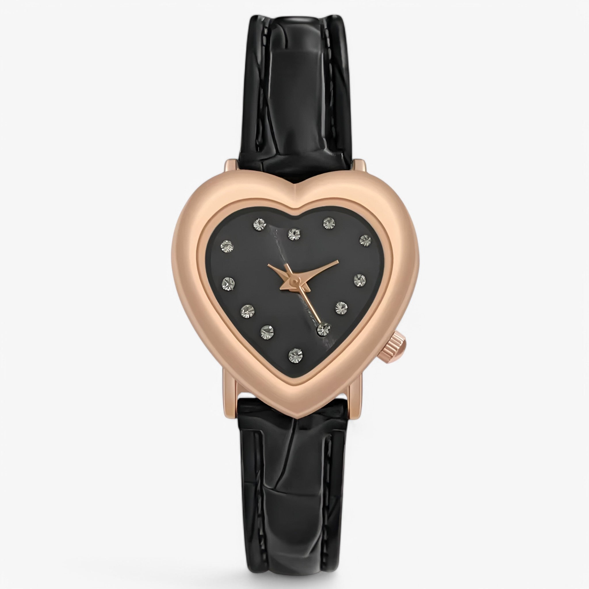 Kate | Elegant rosaguld dameur med hjerteformet urskive og læderrem - Sort - watches - {{ product_tags }