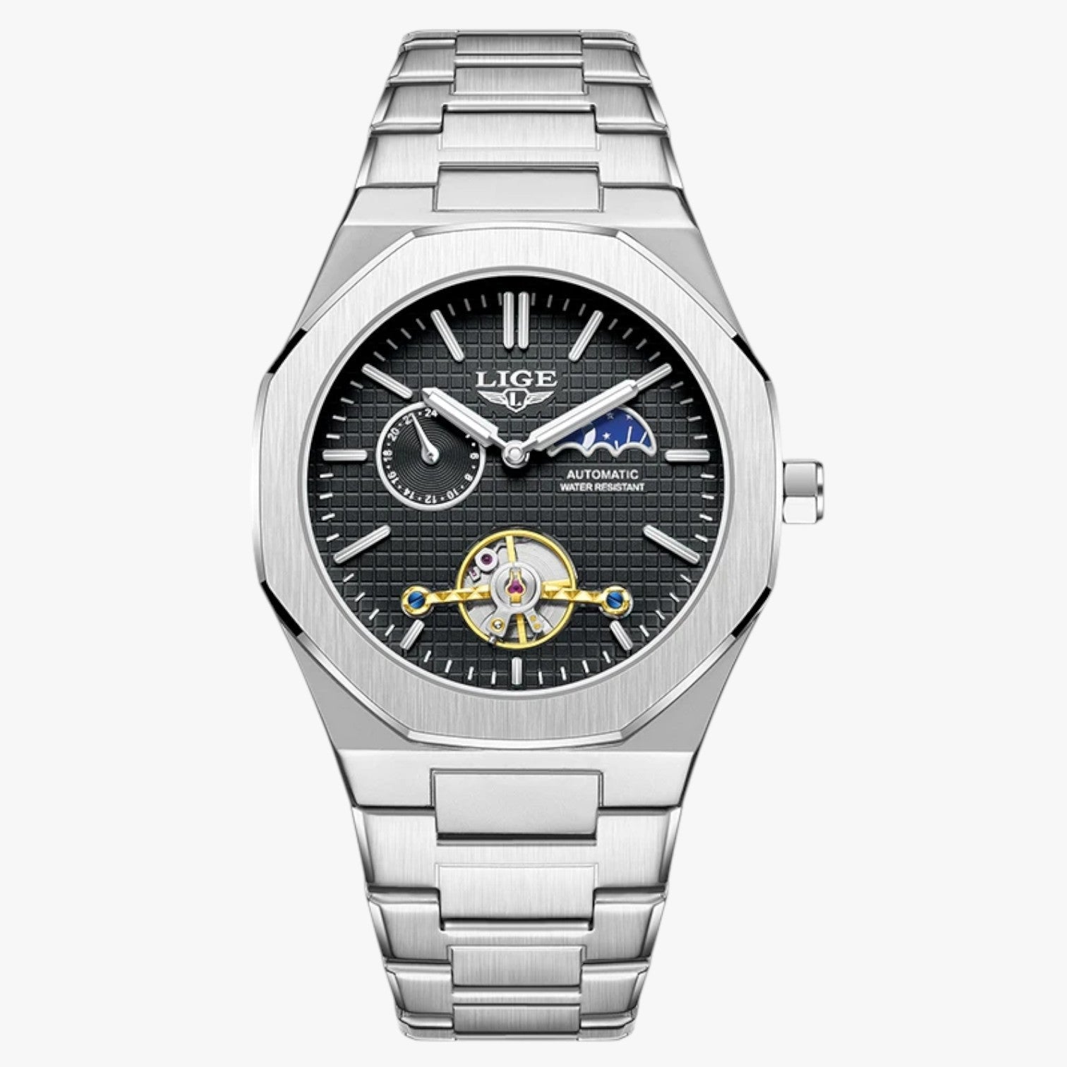 Lennox | Vandtæt luksus mekanisk ur - Sort sølv - watches - {{ product_tags }