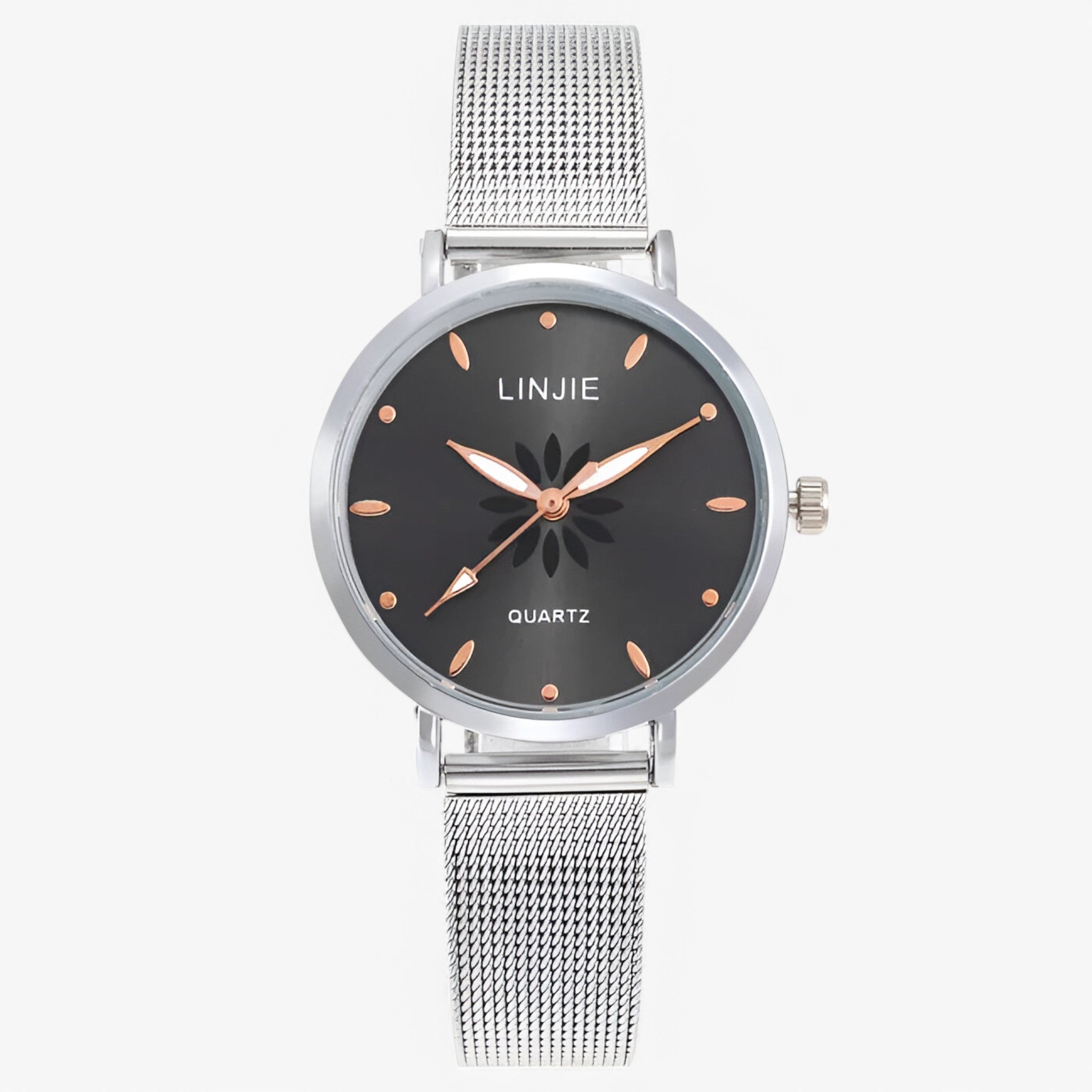Emma | Minimalistisk sølvur med blomster og stålrem - Sort - watches - {{ product_tags }