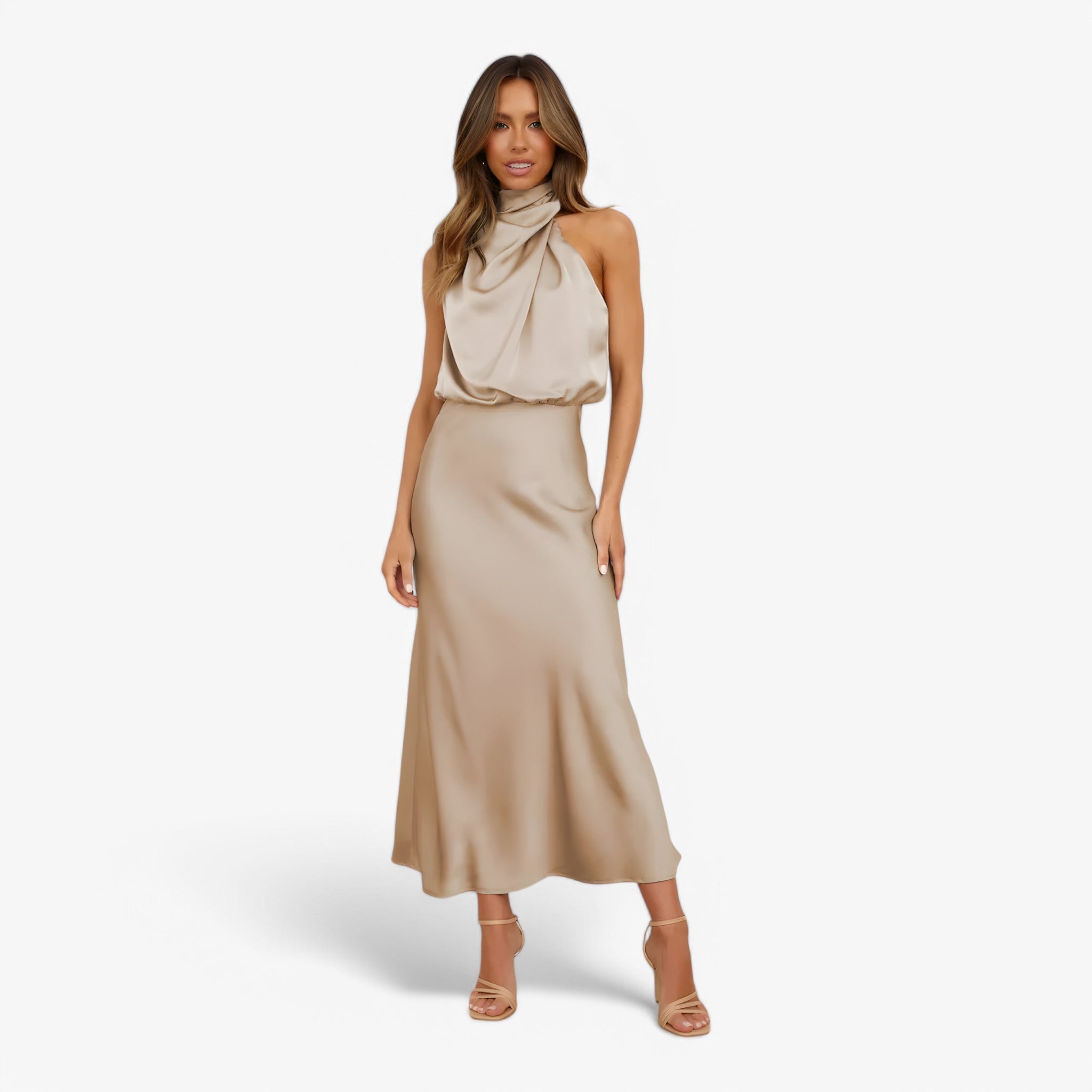 Vivienne | Satin kjole - Yndefuld og elegant - Kaki - women's fashion - {{ product_tags }