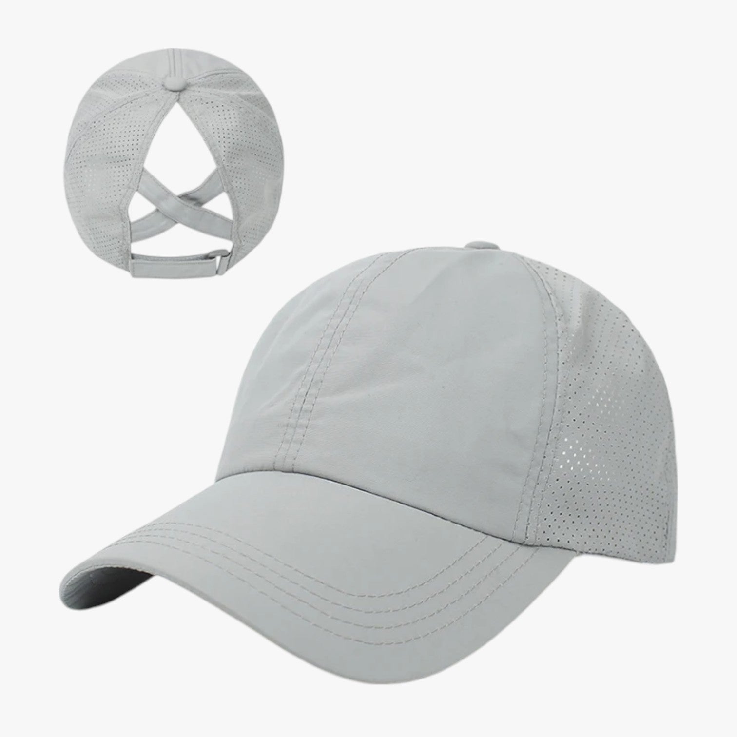 Aliyah | Sportscappe til sommer med hestehale og åndbart netmateriale - Grigio - Aliyah | Sportscappe til sommer med hestehale og åndbart netmateriale - €25 - {{ product_tags }