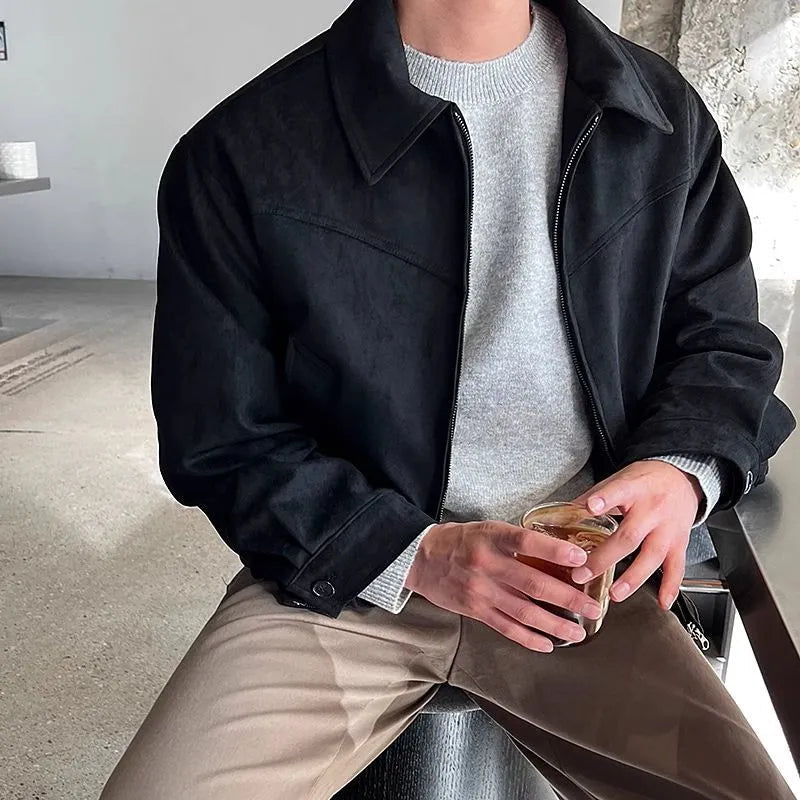 Herre Suede-Look Kort Jakke med Nedfoldet Krave