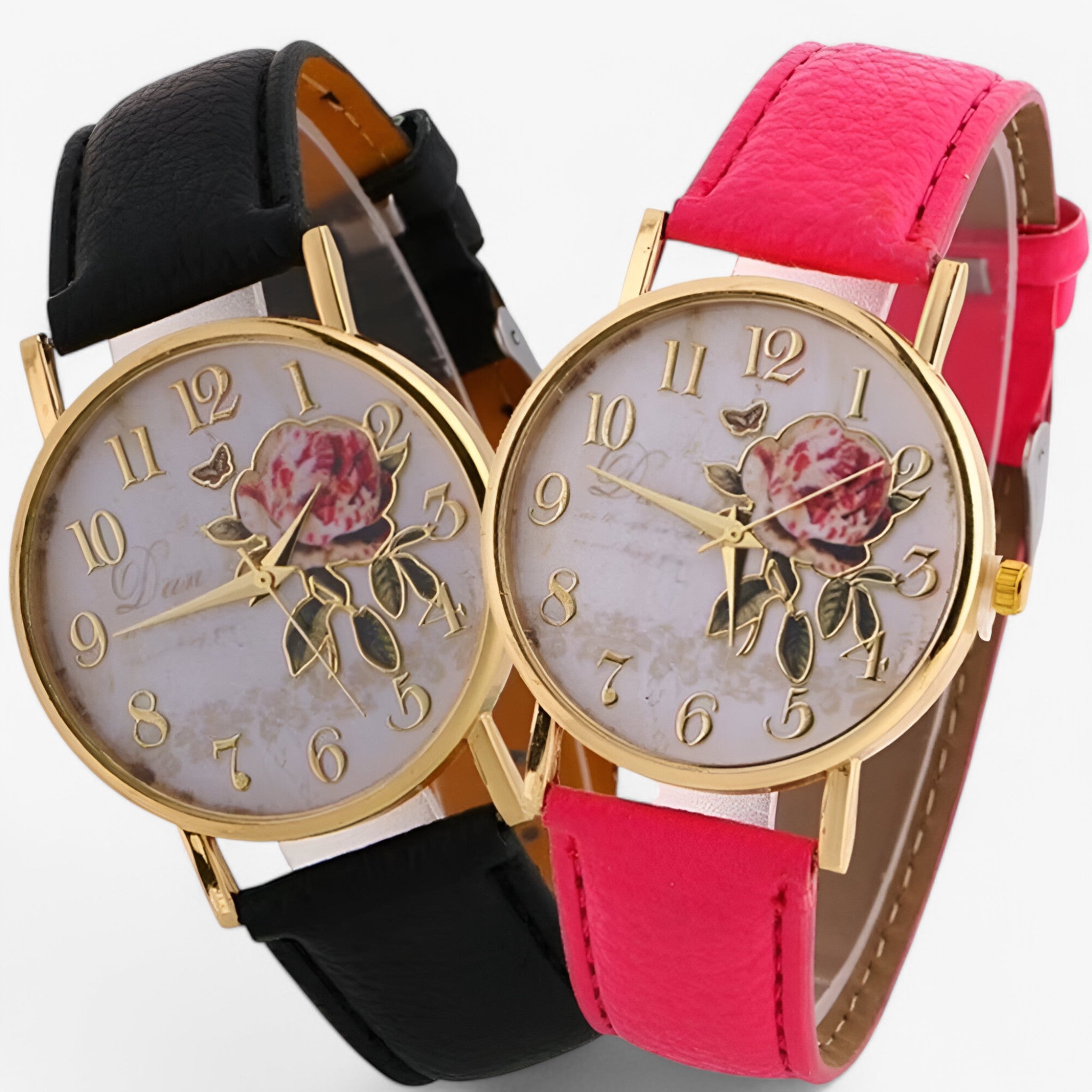 Lara | Elegant ur med pink blomst og imiteret læderrem - - watches - {{ product_tags }