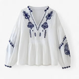 Alma | Boho blouse with navy blue embroidery pattern, loose fit