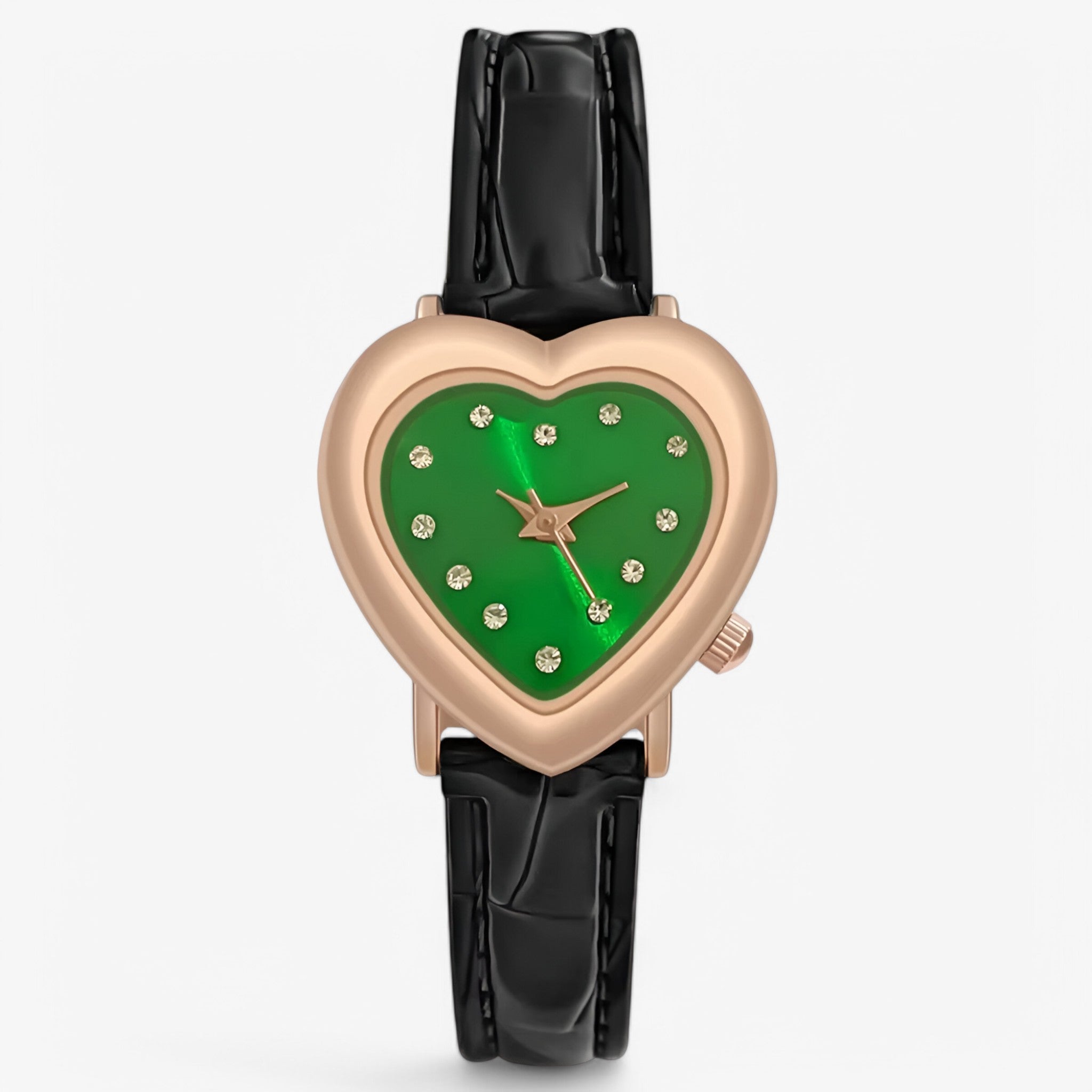 Kate | Elegant rosaguld dameur med hjerteformet urskive og læderrem - Sort Grøn - watches - {{ product_tags }
