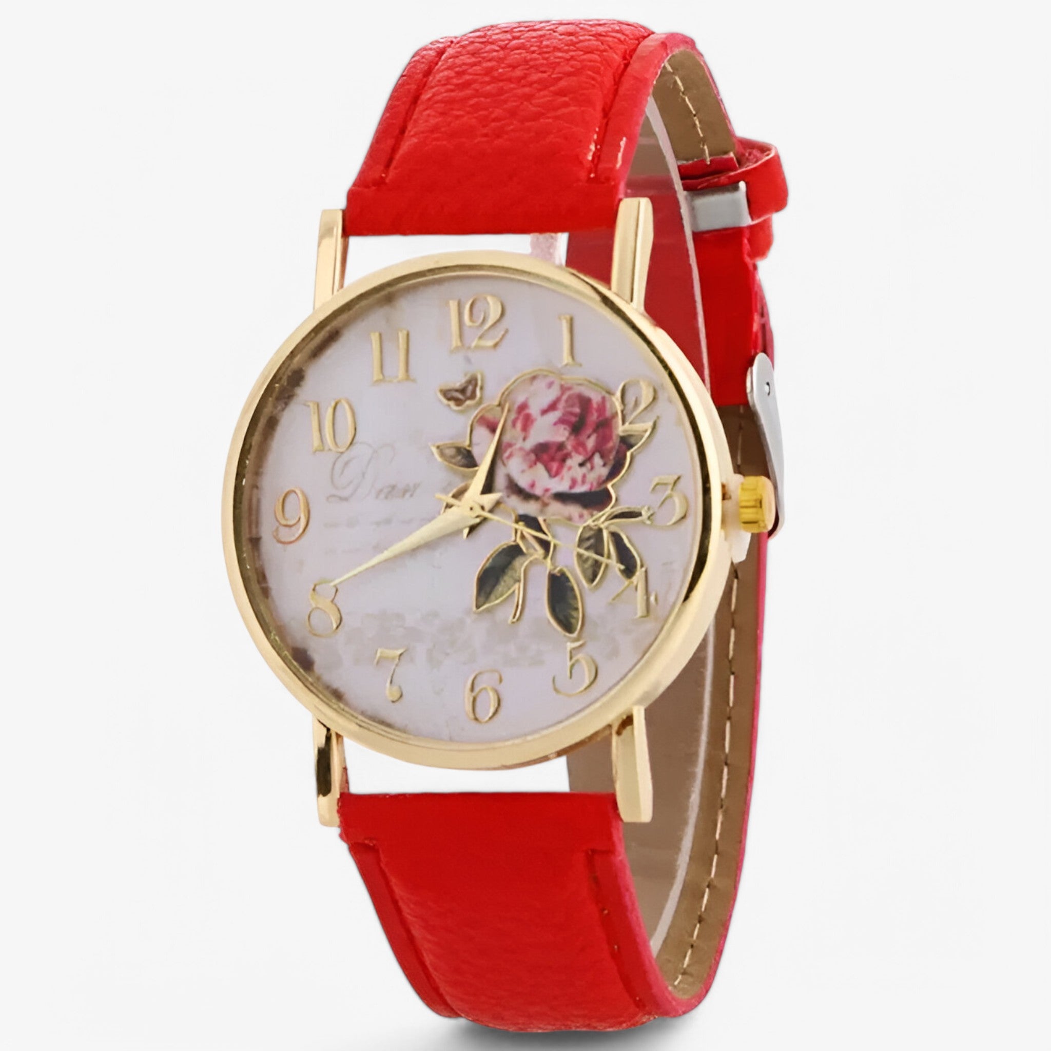 Lara | Elegant ur med pink blomst og imiteret læderrem - Rød Lyserød - watches - {{ product_tags }