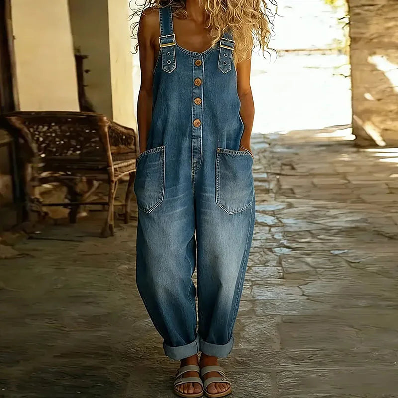 Mara - Vintage bløde bomulds-denim-look overalls med justerbare stropper