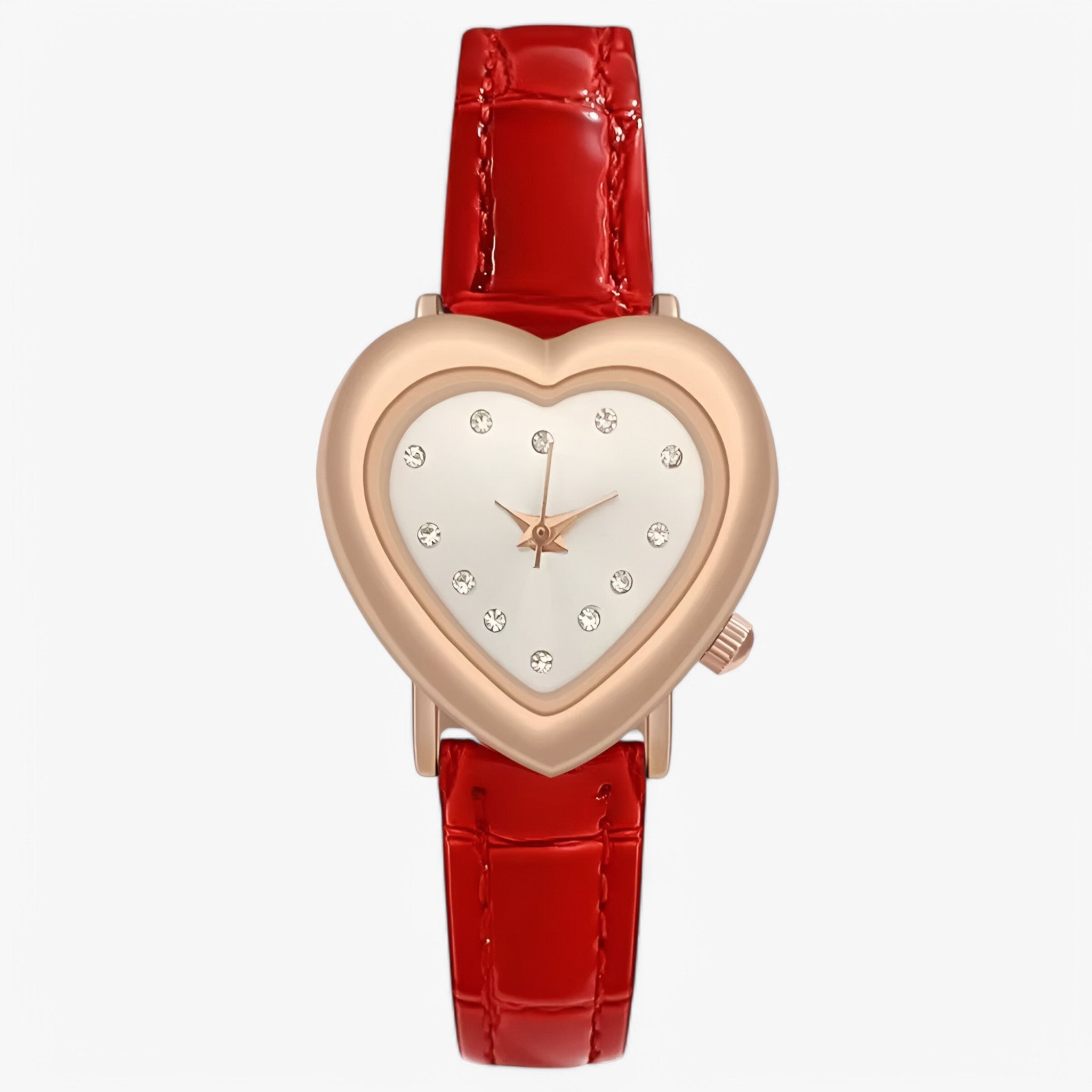 Kate | Elegant rosaguld dameur med hjerteformet urskive og læderrem - Rød hvid - watches - {{ product_tags }