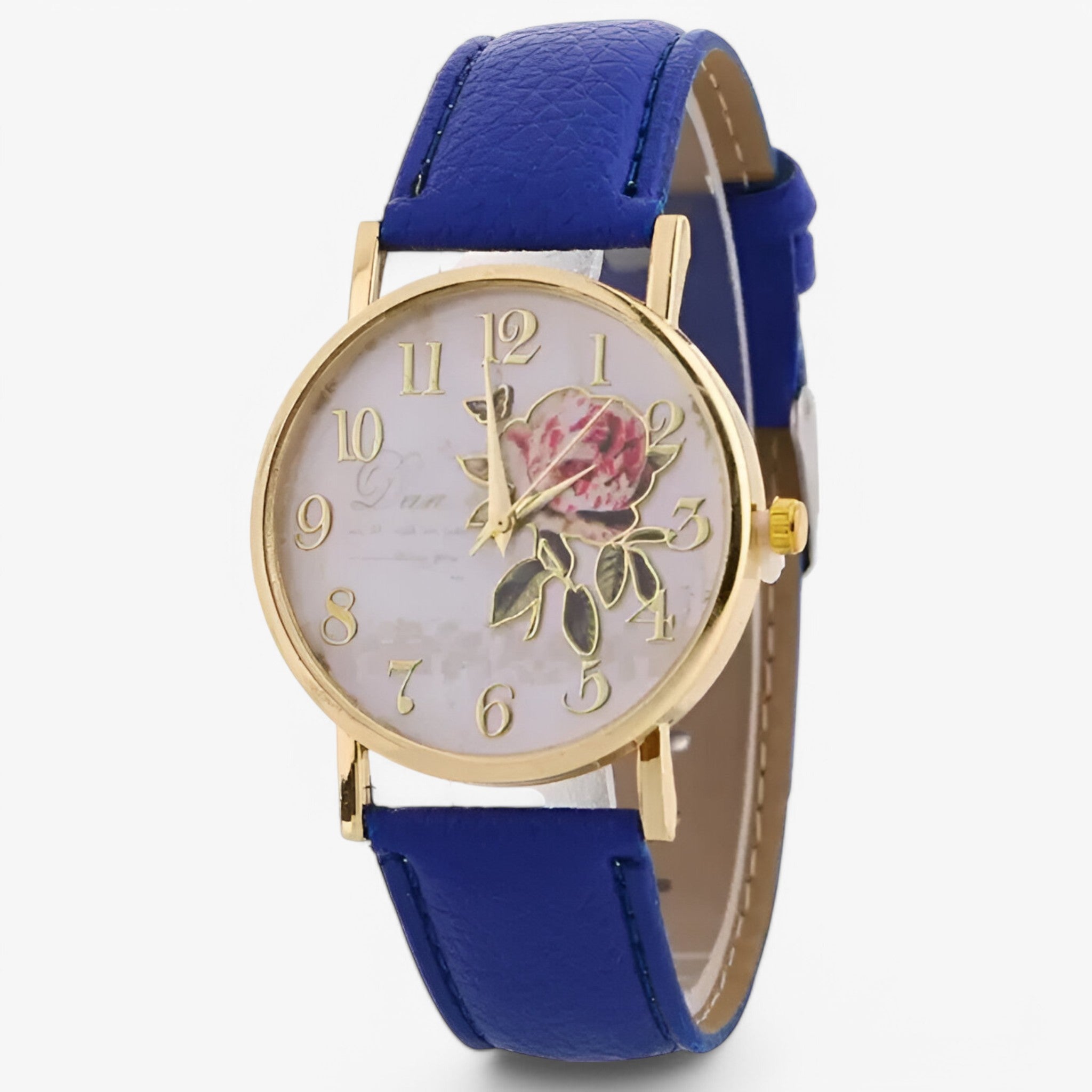 Lara | Elegant ur med pink blomst og imiteret læderrem - Blå - watches - {{ product_tags }