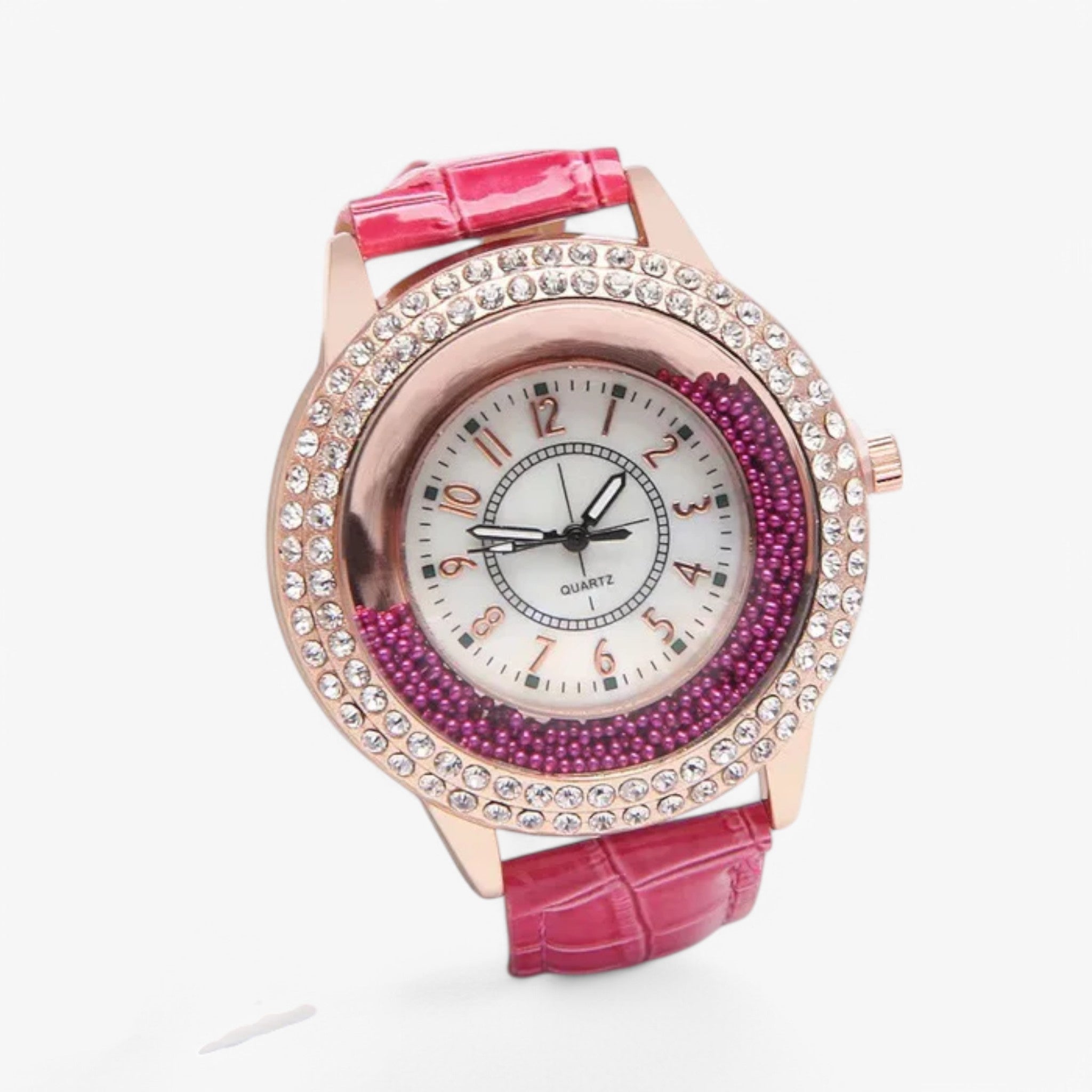 Oliven | Dameur lavet af PU læder med krystalsten og quartz urværk - rød lyserød - watches - {{ product_tags }
