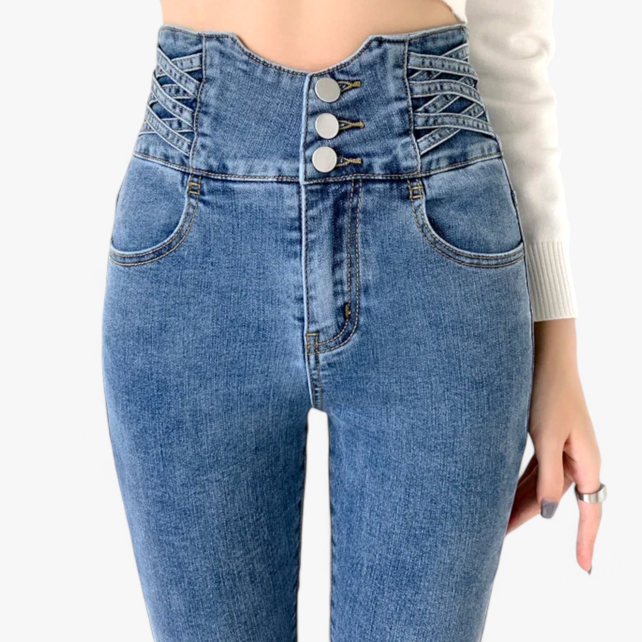 Nina | Skinny Pencil Jeans - Slim stretch for en flatterende pasform - Mørkeblå 3 Knapper - Nina | Skinny Pencil Jeans - Slim stretch for en flatterende pasform - €25 - {{ product_tags }