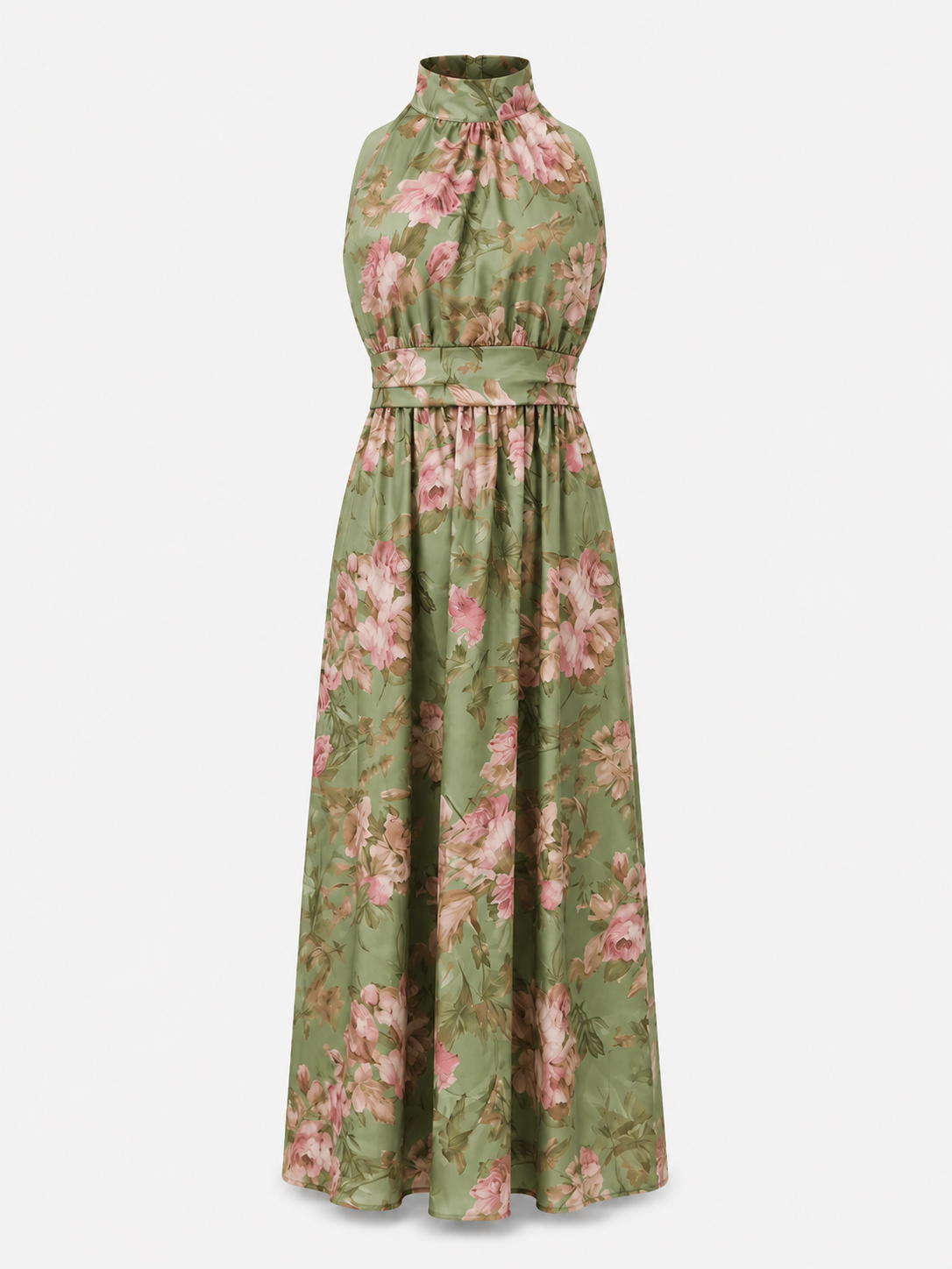Serena ∙ Vestido largo de gasa verde con estampado floral y escote americano