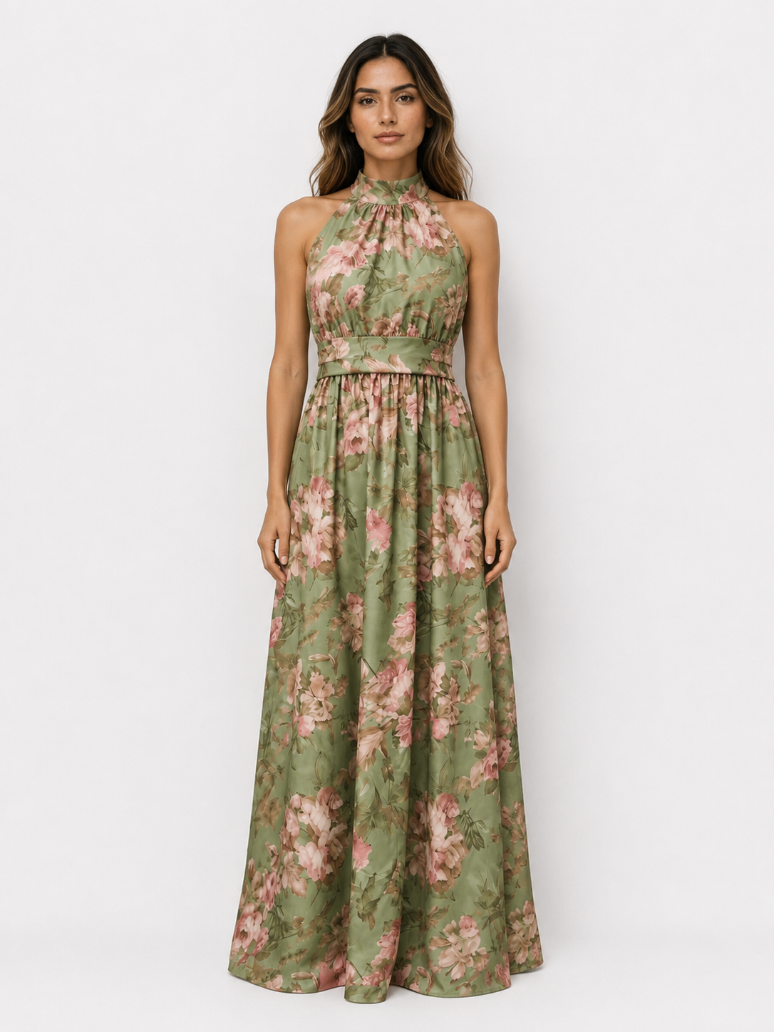 Serena ∙ Vestido largo de gasa verde con estampado floral y escote americano