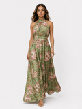 Serena ∙ Vestido largo de gasa verde con estampado floral y escote americano