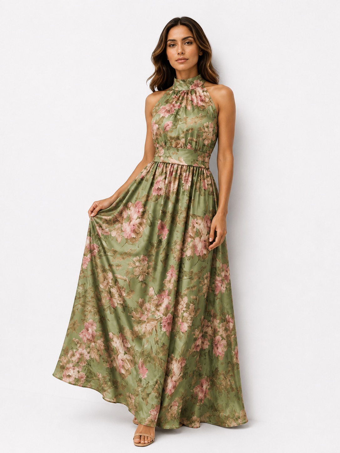 Serena ∙ Vestido largo de gasa verde con estampado floral y escote americano