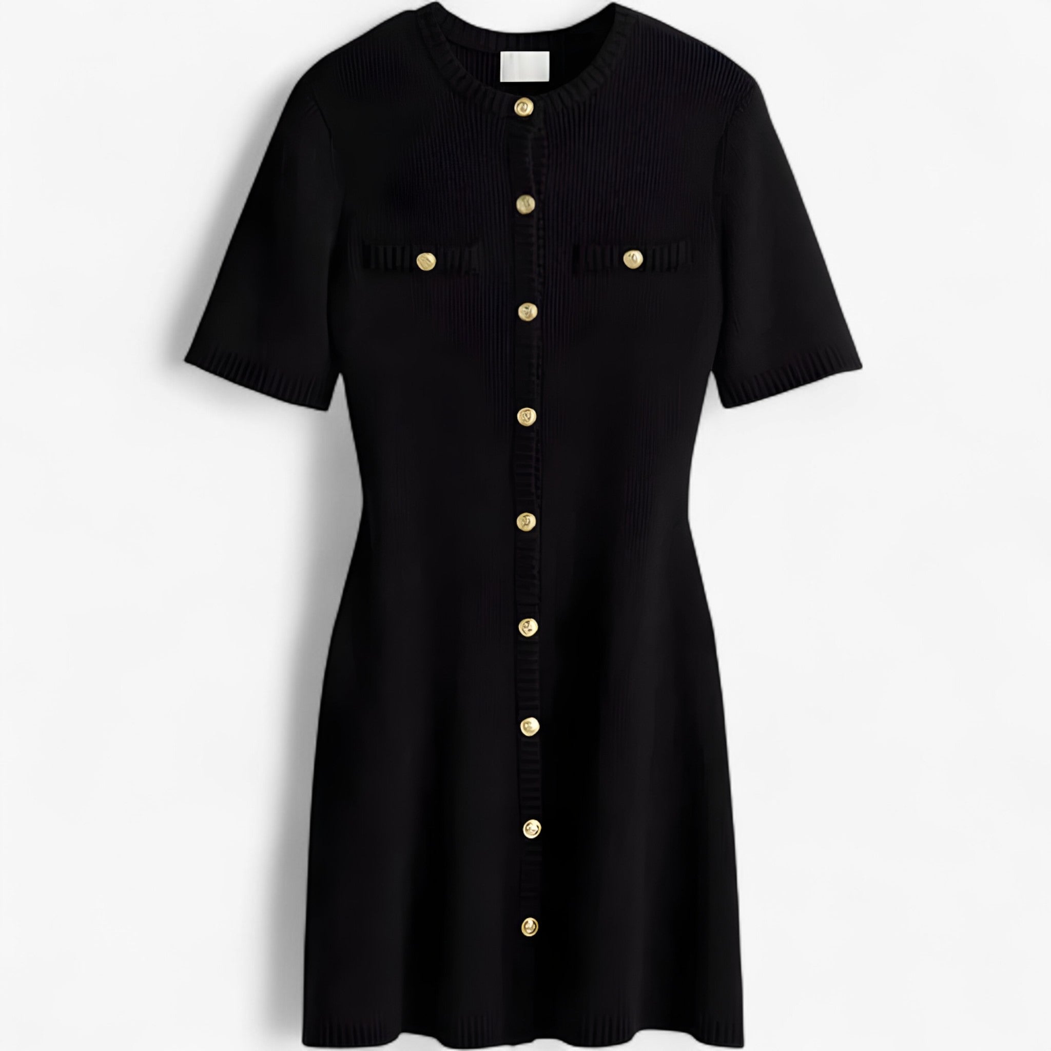 Lara | Mini kjole i ribbestrikket materiale med gyldne detaljer - Sort - women's fashion - {{ product_tags }