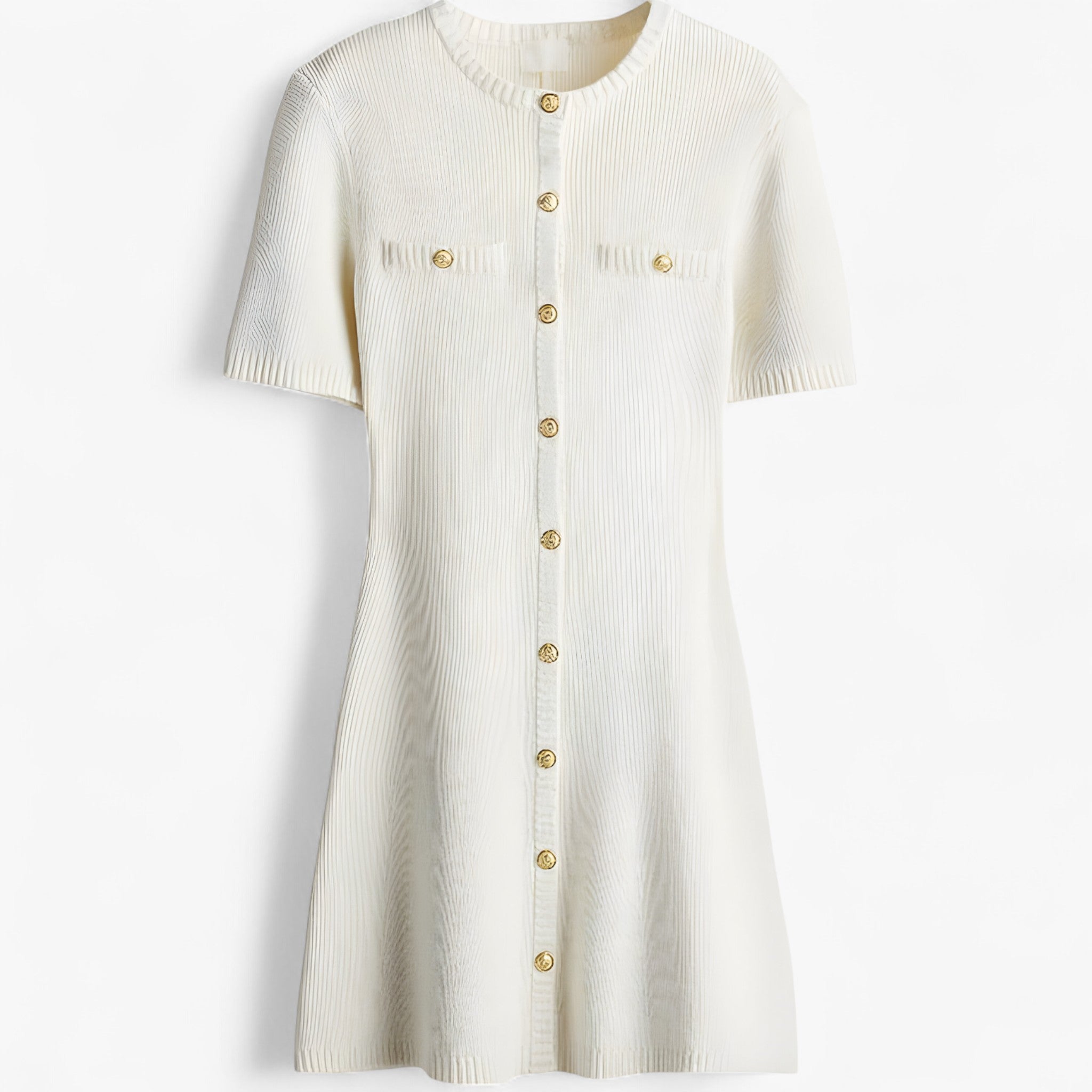 Lara | Mini kjole i ribbestrikket materiale med gyldne detaljer - Hvid - women's fashion - {{ product_tags }