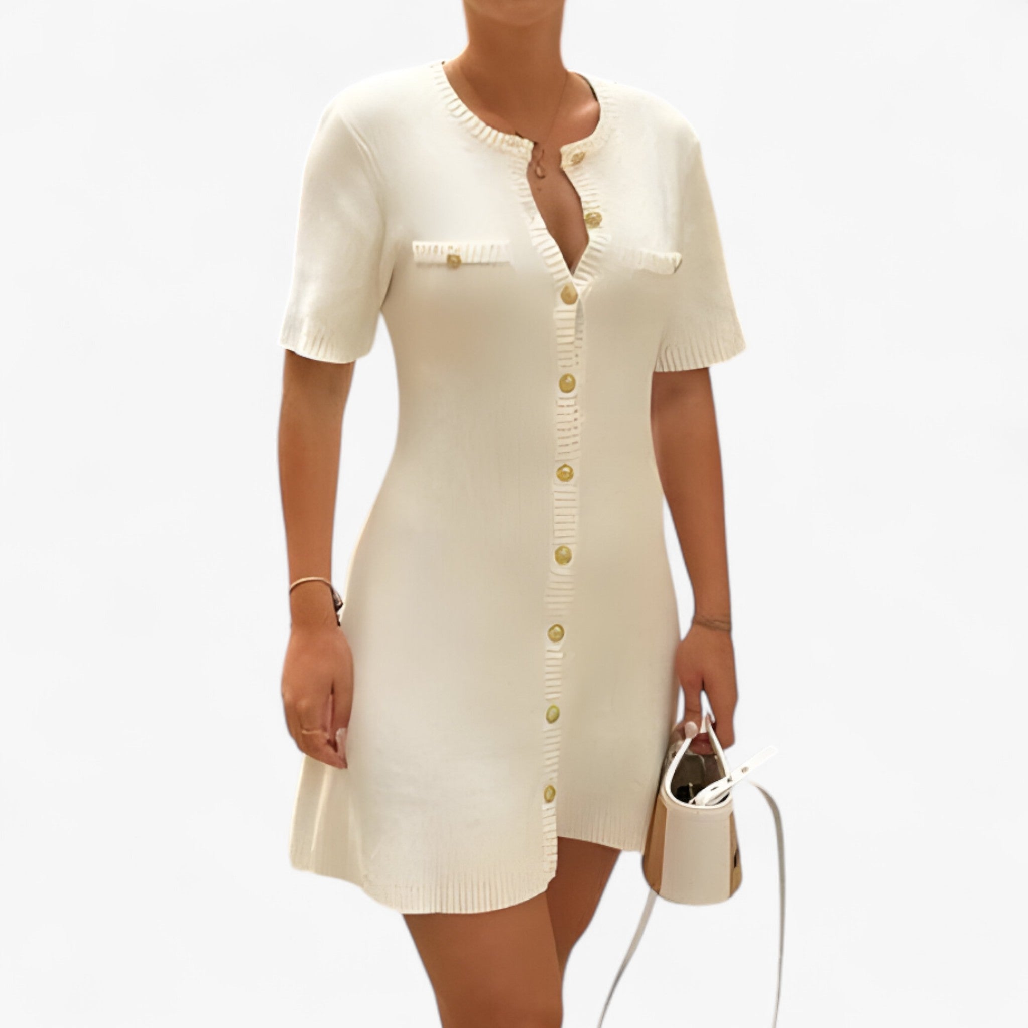 Lara | Mini kjole i ribbestrikket materiale med gyldne detaljer - - women's fashion - {{ product_tags }