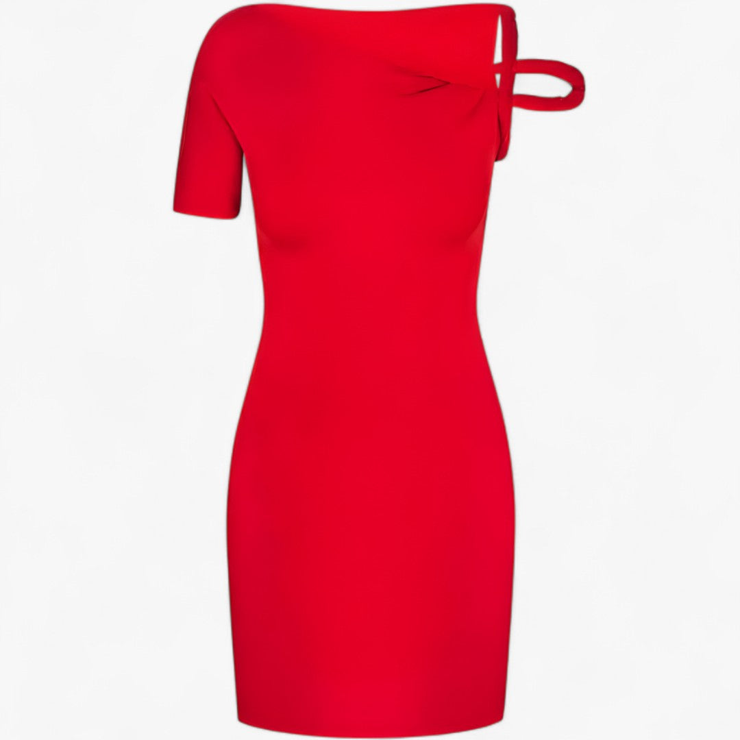 Naela | Mini asymmetrisk strikket kjole: dristig, elegant og afslappet chic - Rød - women's fashion - {{ product_tags }