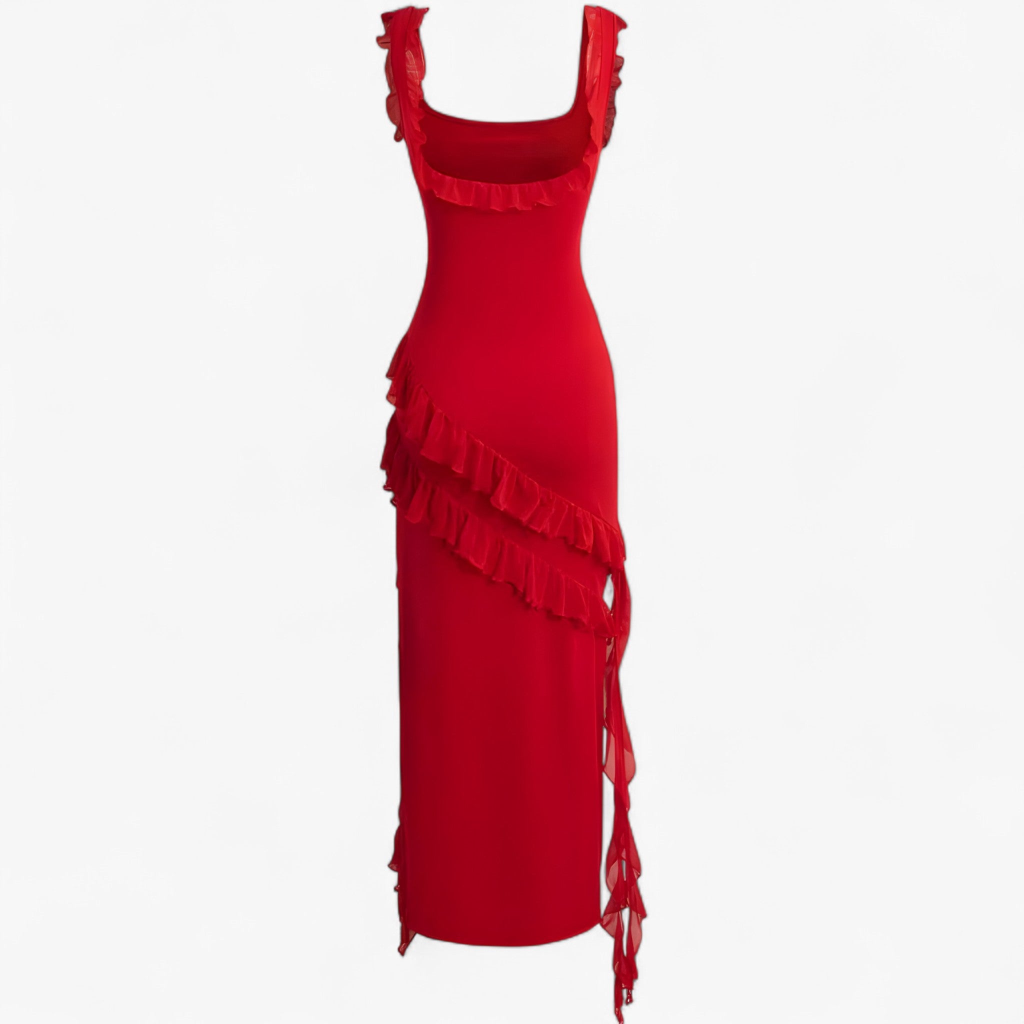Romina | Midi-kjole med kaskadevolanger - Rød - women's fashion - {{ product_tags }