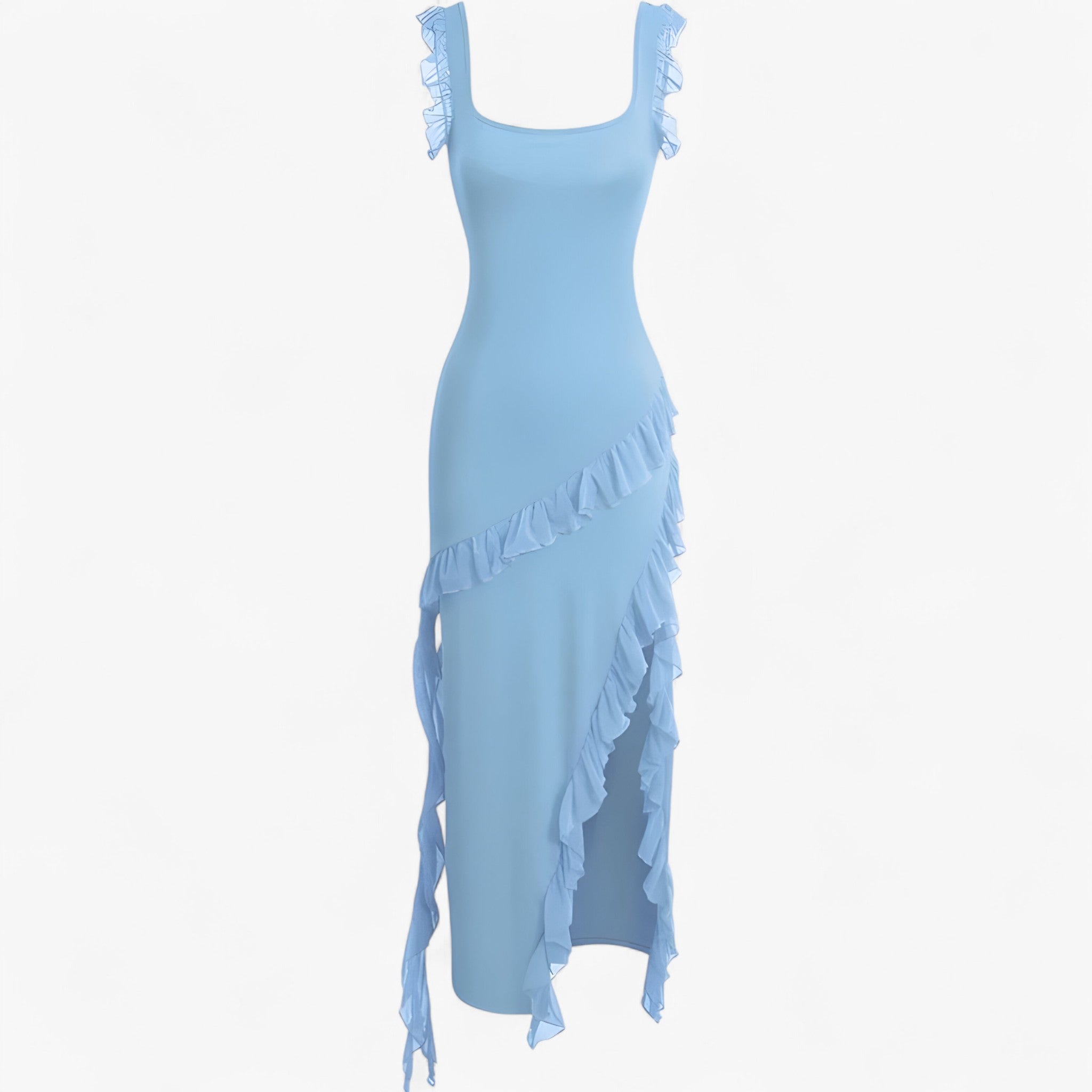 Romina | Midi-kjole med kaskadevolanger - Blå - women's fashion - {{ product_tags }