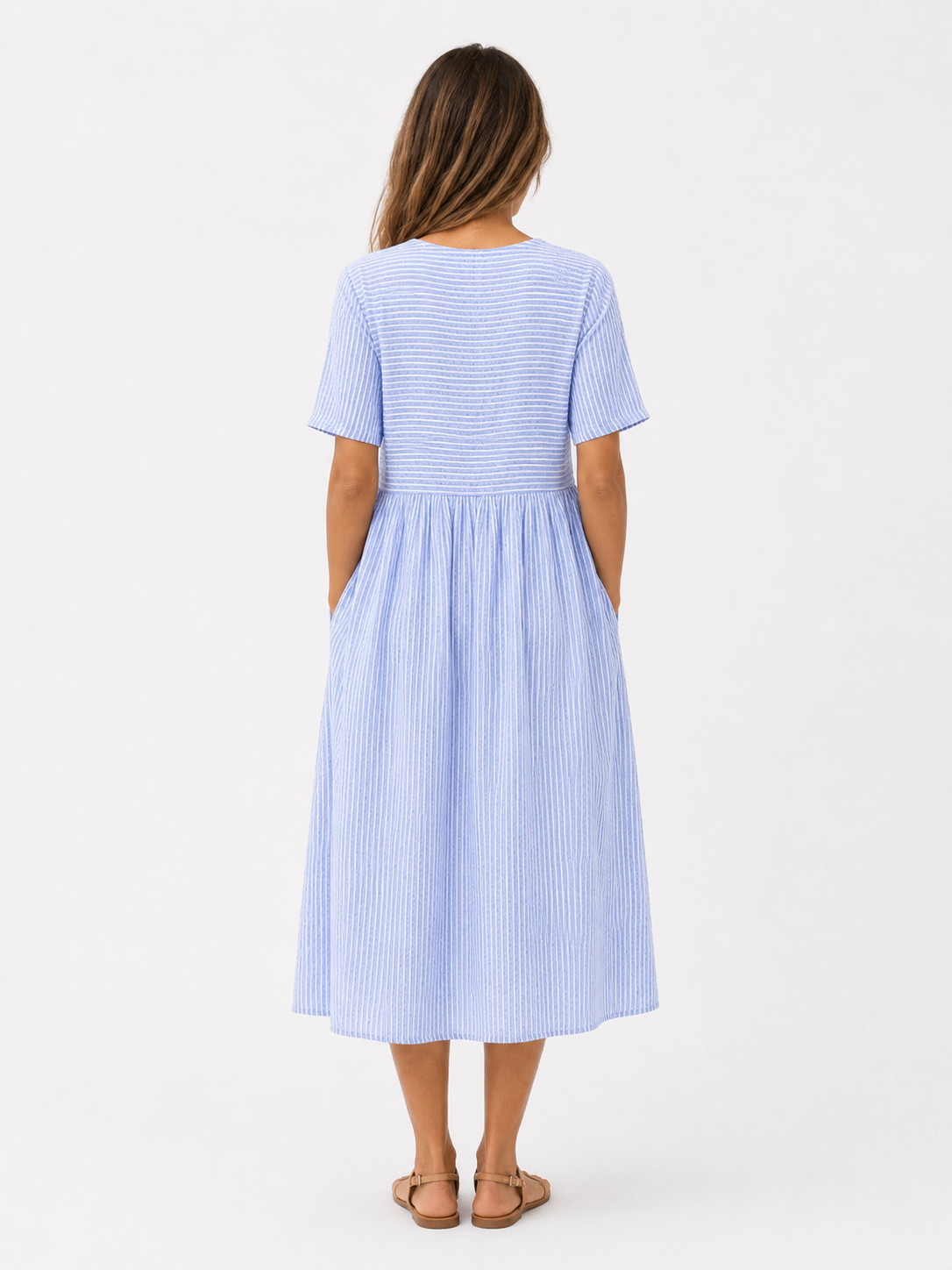 Edna | Stribet Midikjole i Polyester med Korte Ærmer - - Dress - {{ product_tags }